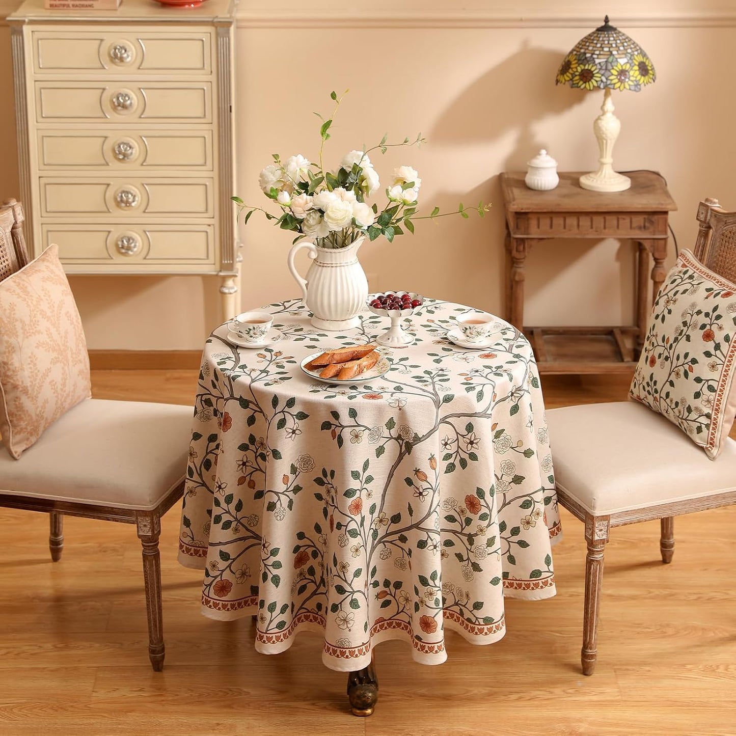 ISAENNE Designer Floral Round Tablecloth,French Linen Light Beige Indoor Table Cloth,Fall Wrinkle Resistant Decor Tablecloths for Dining Thanksgiving Kitchen Party,Diameter 67"-Flora A