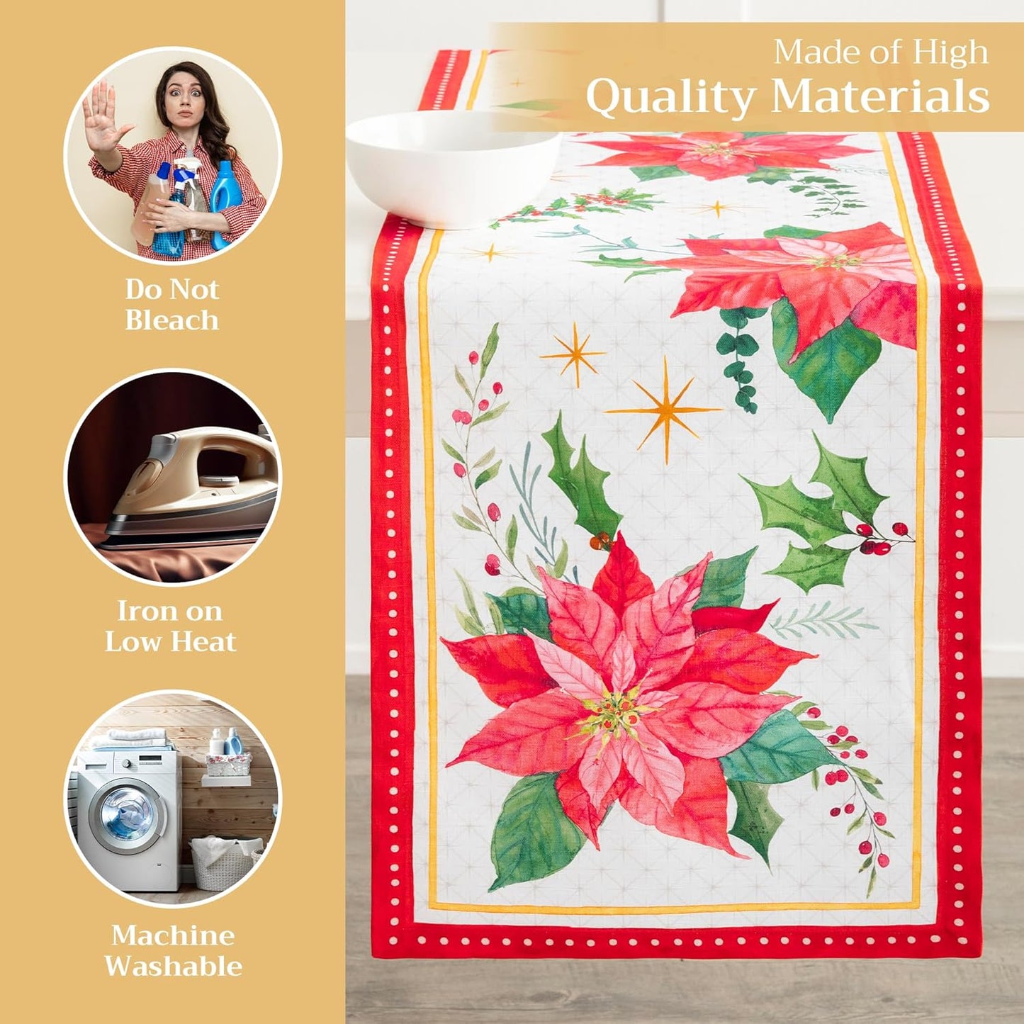 Maison d' Hermine Table Runner 100% Cotton Single Layer Table Runners 72 inches Long for Thanksgiving Christmas Decorations Home Kitchen Dining Party Wedding (Poinsettia Christmas, 14.5" x 72")