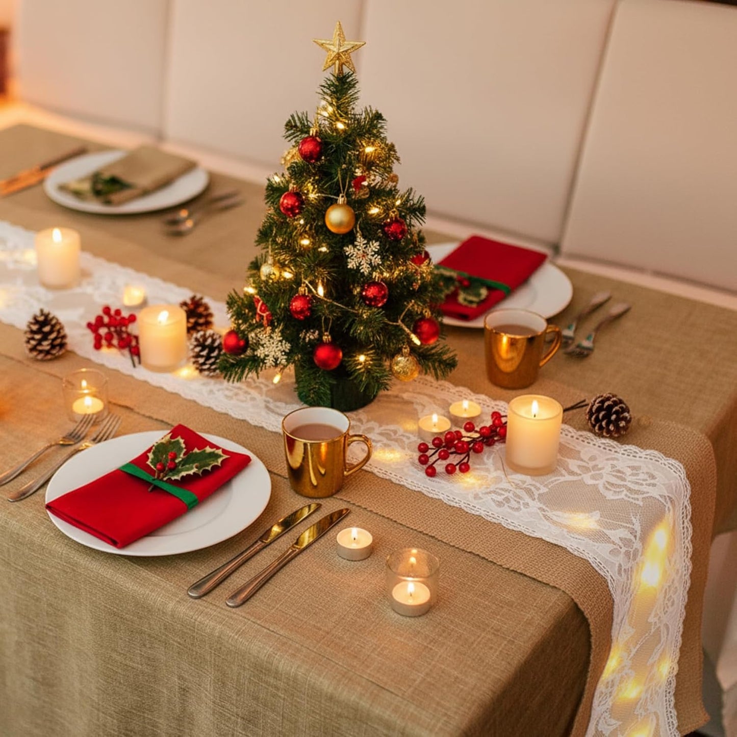 Xinnun 6 Pack Burlap Table Runner with LED String Lights, Modern Rustic Lace Natural Vintage Boho Jute Wedding Table Decor for Farmhouse Thanksgiving Christmas(Wedding Lace LED,12x108 Inches)