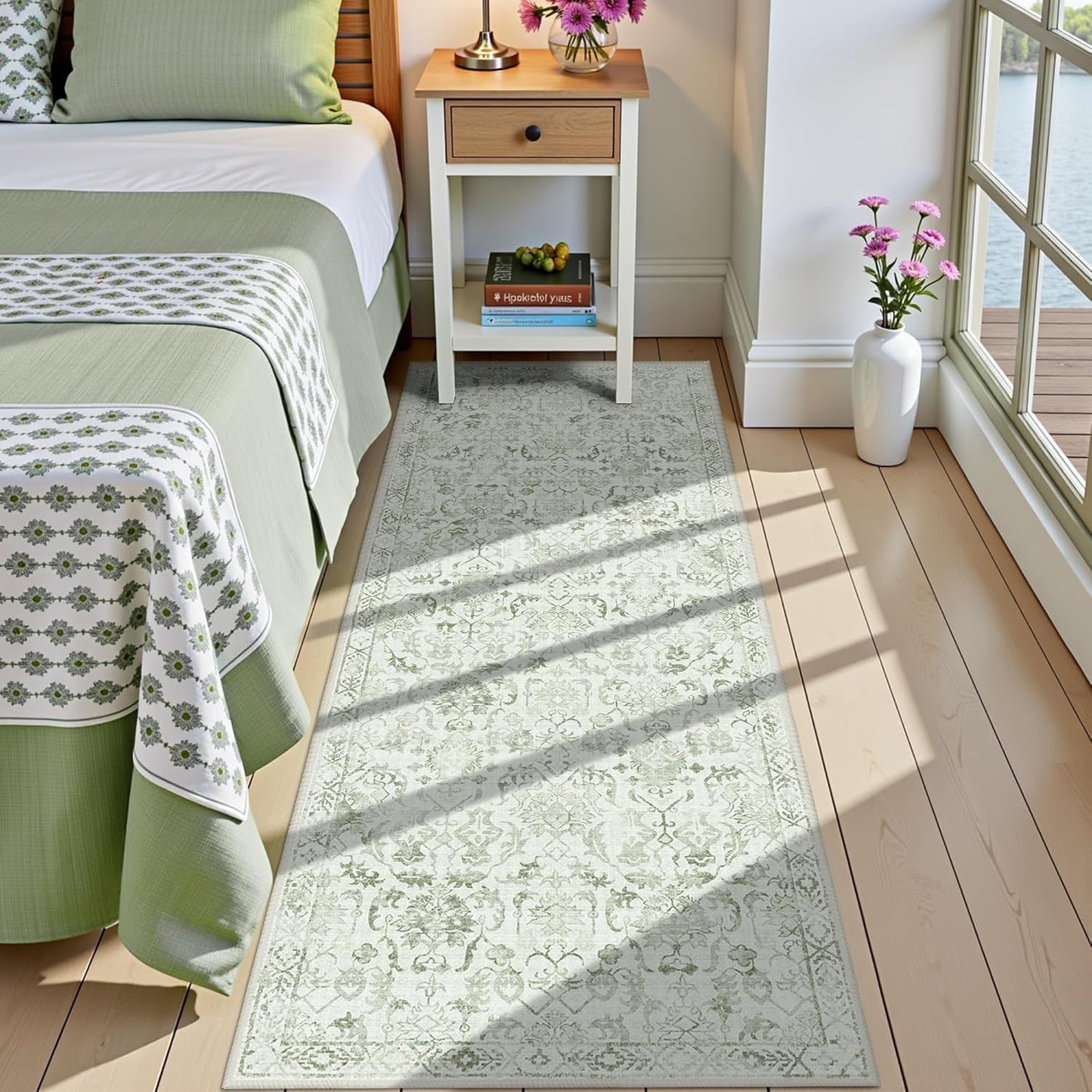 Sage Green 2x6 Runner Rug for Hallways Bed Side Kitchen, Boho Washable Distressed Low-Pile Floor Entryway Long Bathroom Mat, Non-Slip Laundry Room Washstand Front Carpet Green 24x72 Inch