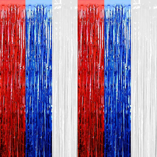 4 Pack Red Blue White Foil Fringe Curtain Backdrop, 3.28Ft x 9.8Ft Metallic Tinsel Foil Fringe Streamers Curtains for Photo Booth, Wedding, Mardi Gras, Birthday, Independence Day Party Decoration