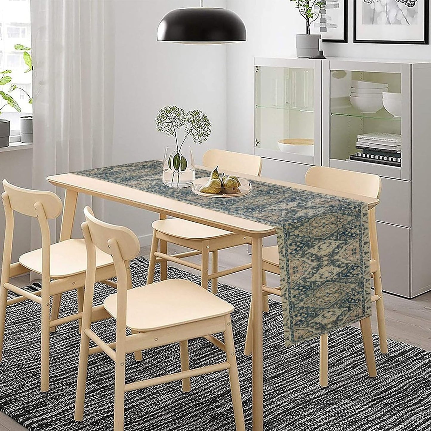 Vintage Boho Floral Table Runner, Rustic Country Farmhouse Blue Grey Retro Flower Pattern for Home Kitchen Table Decor Dining Coffee Room Party Decor 13x108in