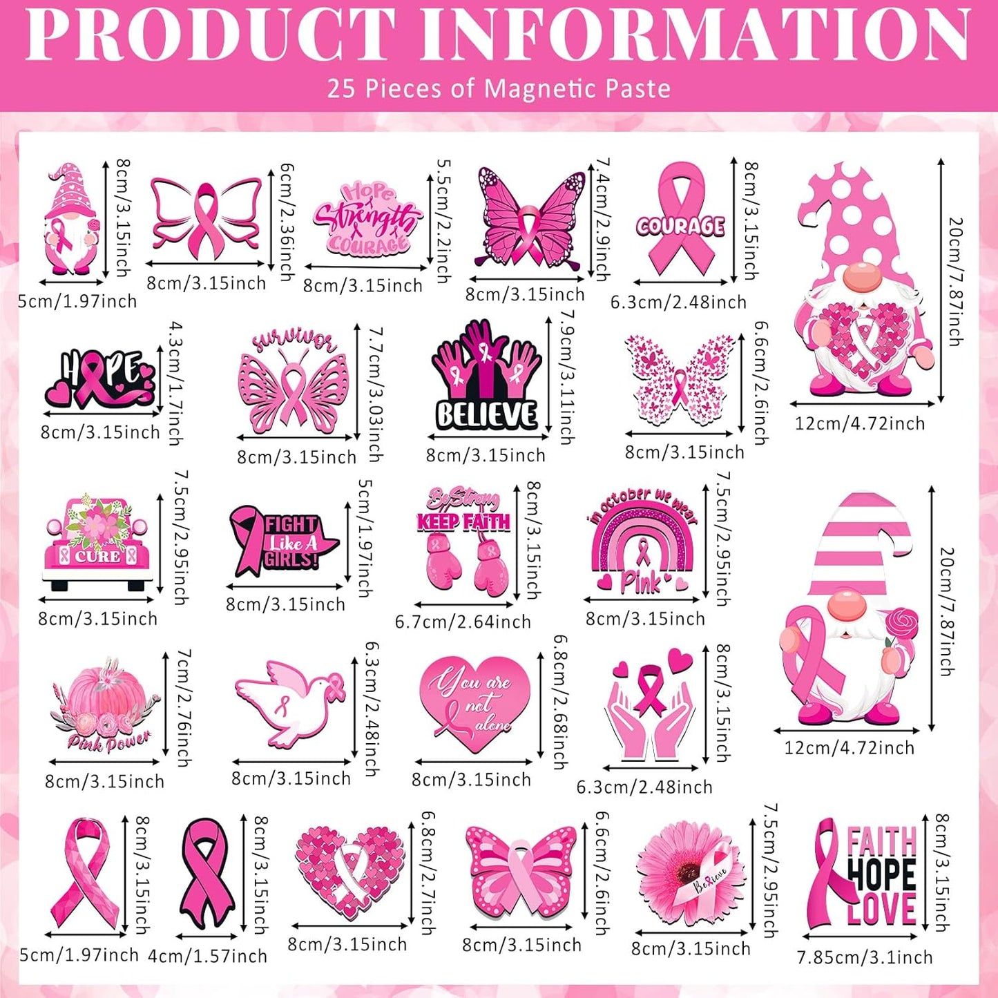 Xuhal 25 Pcs Breast Cancer Awareness Magnets Decoration Pink Gnome Ribbon Butterfly Flower Love Decorative Fridge Magnetic Stickers for Mailbox Car Metal Garage Door Decoration