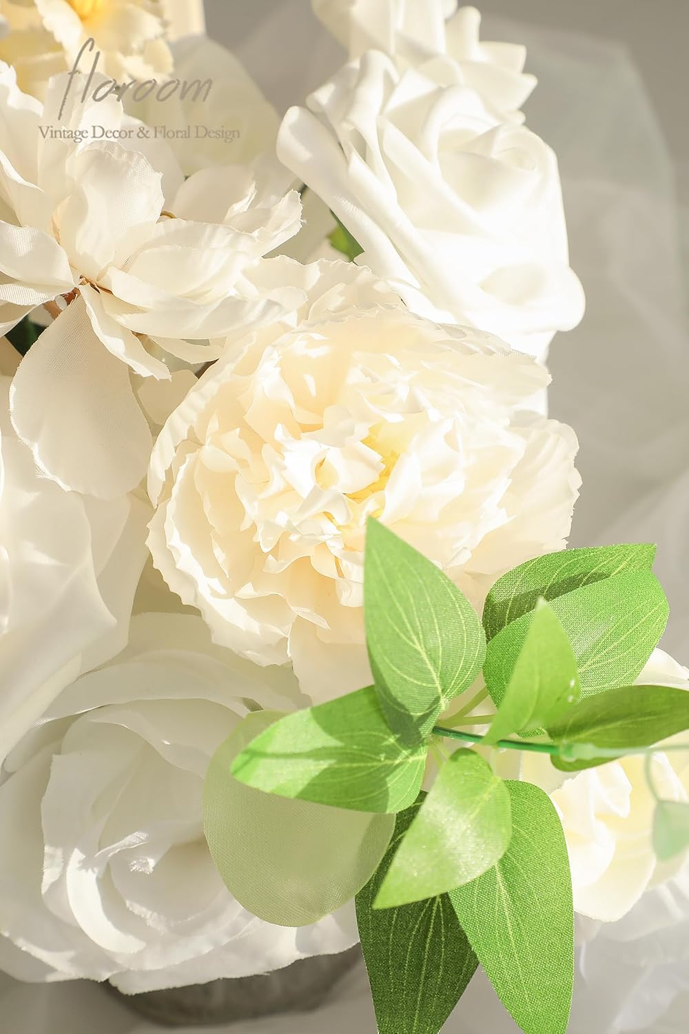 Floroom Cream White Artificial Flowers Ivory Fake Roses Peonies Dahlias and Greenery Combo Box Set for DIY Wedding Bouquets Bridal Shower Centerpieces Floral Arrangements Party Tables Home Decorations