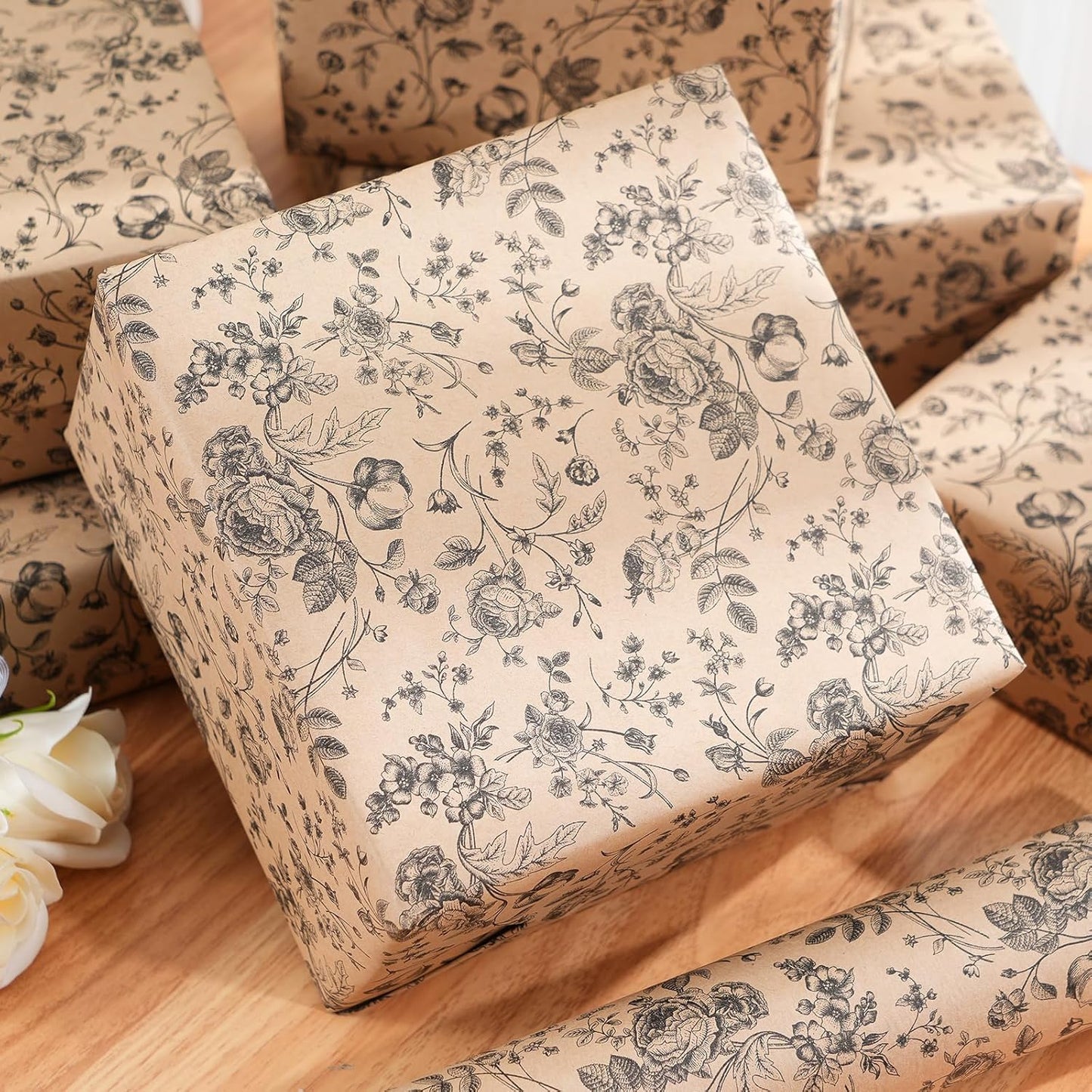Ulmasinn Kraft Floral Wrapping Paper Roll - 17 Inches x 33 Feet - Vintage Black Floral Design with Cut Lines for Upscale Gifts, Birthday, Bridal Shower, Wedding, Mother’s Day, Valentine's Day