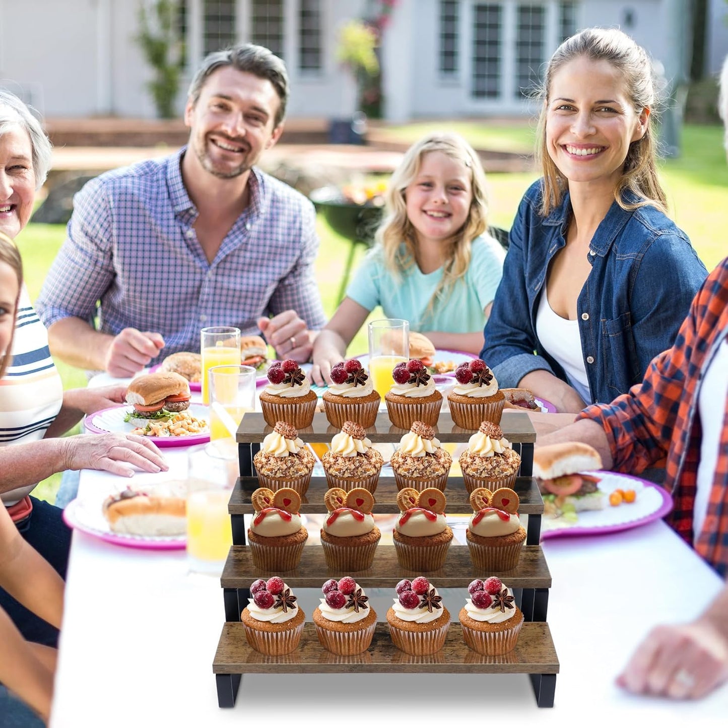 Wood Rustic Cupcake Stand, 4 Tier Stepped Cupcakes Stand, Wooden Display Stand Risers for Perfume, Tiered Spice Rack for Cabinet and Table Counter