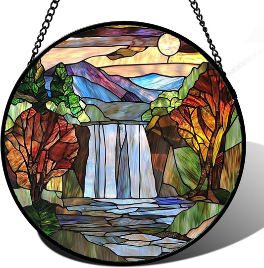 Stained Glass Window Hanging, Abstract Landscape Waterfall Mountains Trees Suncatcher for Doors Window Home Sun Catchers Decor Mother's Day Birthday Gifts for Women Men Mom 6.3 in