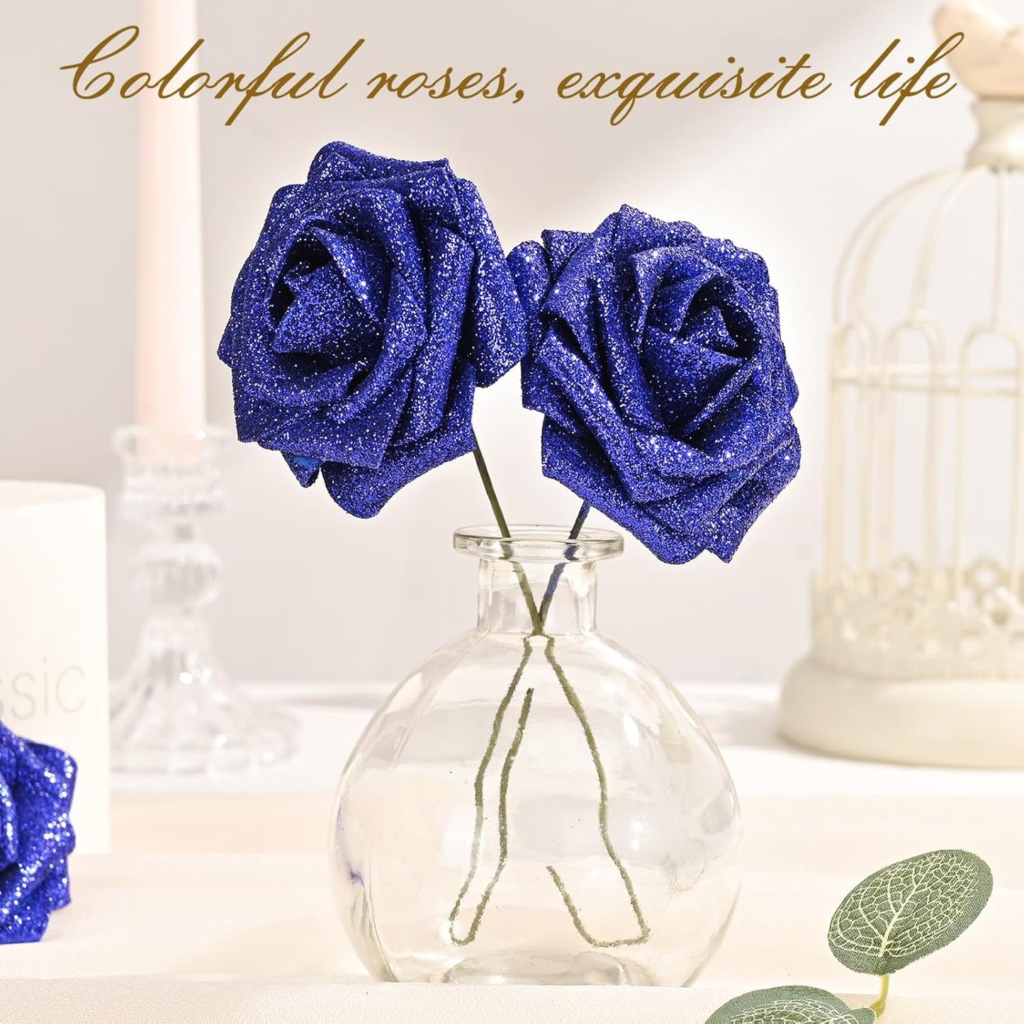 BLEUM CADE 36Pcs Artificial Flowers Fake Roses with Stems, Blue Glitter Boxed Foam Roses for DIY Bouquets Centerpieces Wedding Party Arrangement Bridal Shower Decor