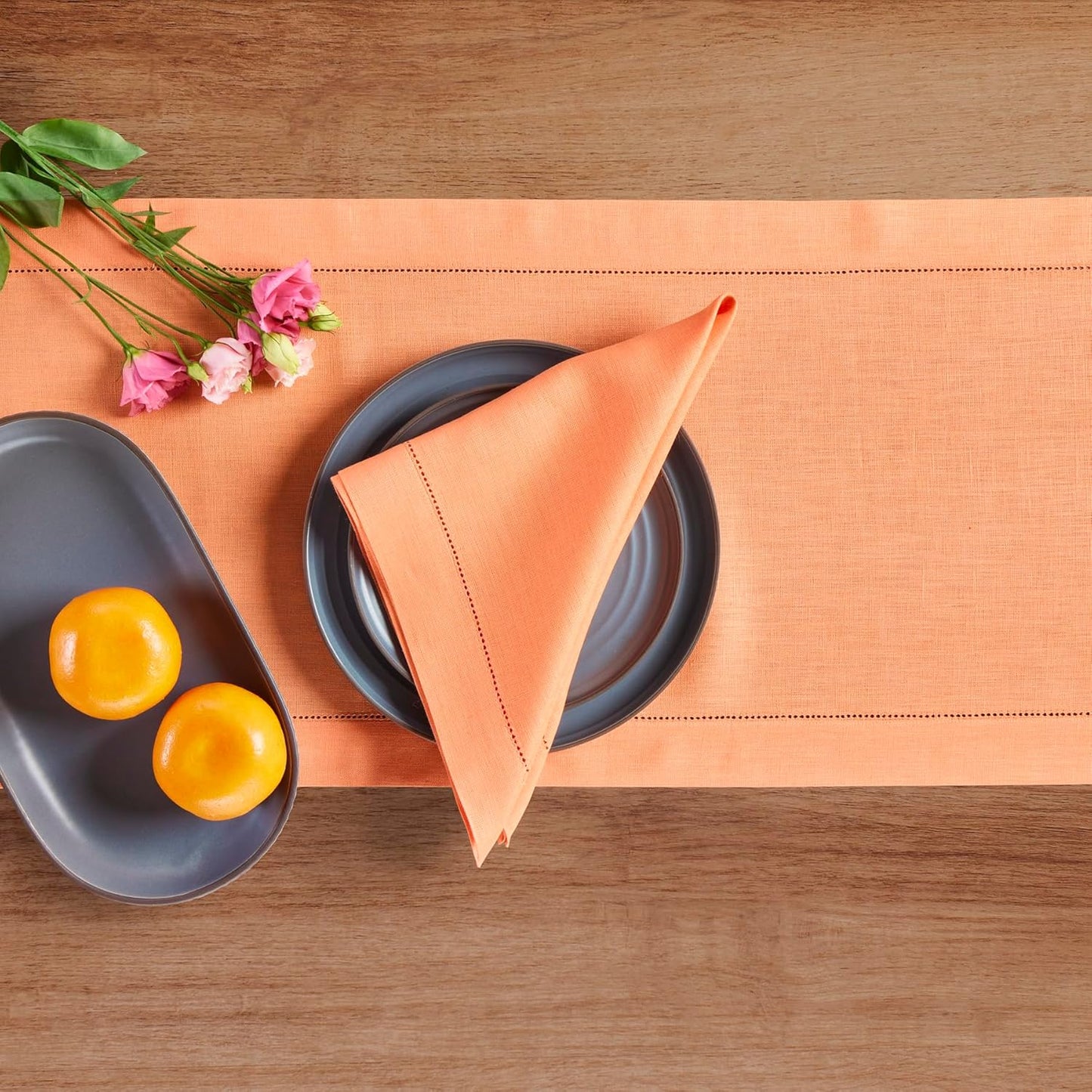 Solino Home Linen Table Runner 90 Inches Long - 100% Pure Linen Coral Table Runner 14 x 90 Inch - Classic Hemstitch