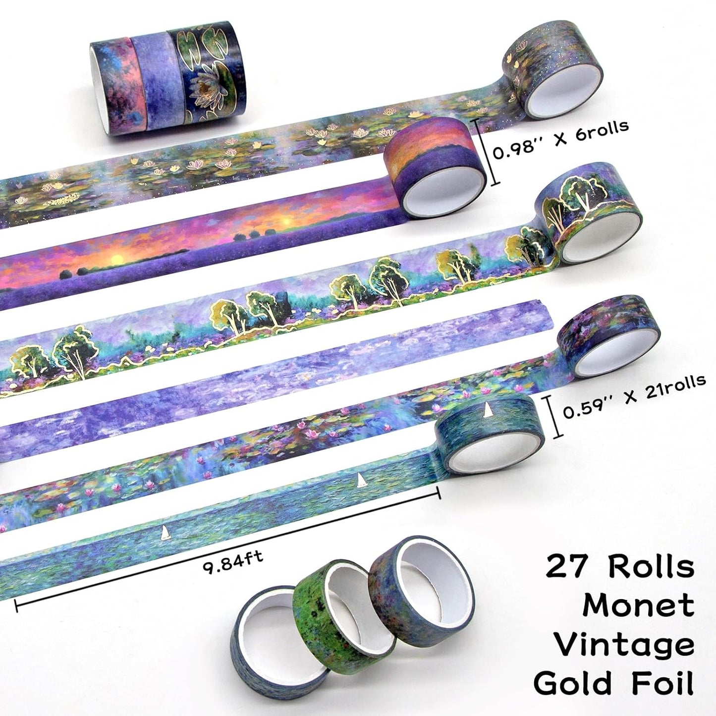 27 Rolls Monet Gold Foil Vintage Washi Tape Set - Decorative Masking Tapes for Scrapbooking, Journaling, Crafts, School Supplies
