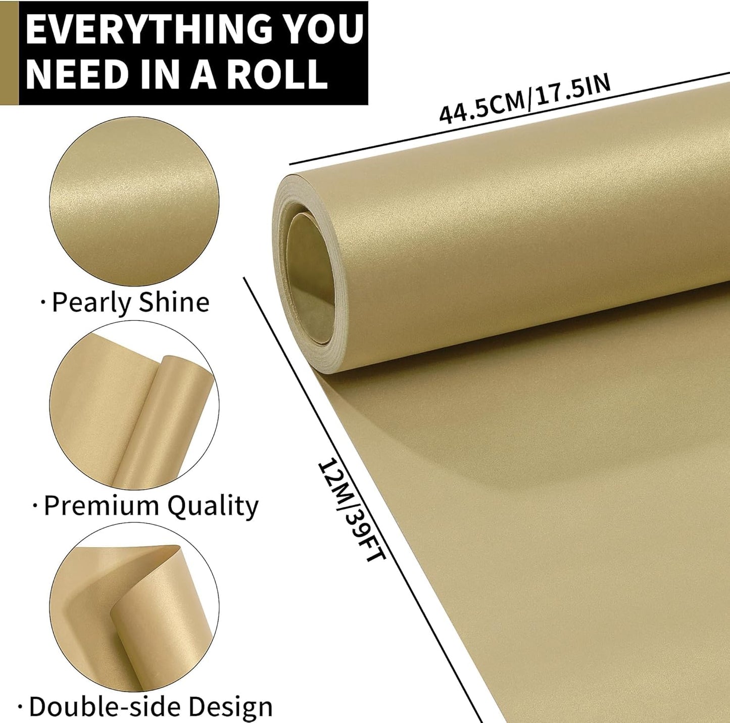 Matte Wrapping Paper Roll - Solid Color Pearly 17.3Inches X 39.4Feet Beige Gold Shimmer Gift Wrapping Paper Roll Elegant Lustre Paper for Wedding,Valentine's Day,Birthday, Christmas PAP11BG