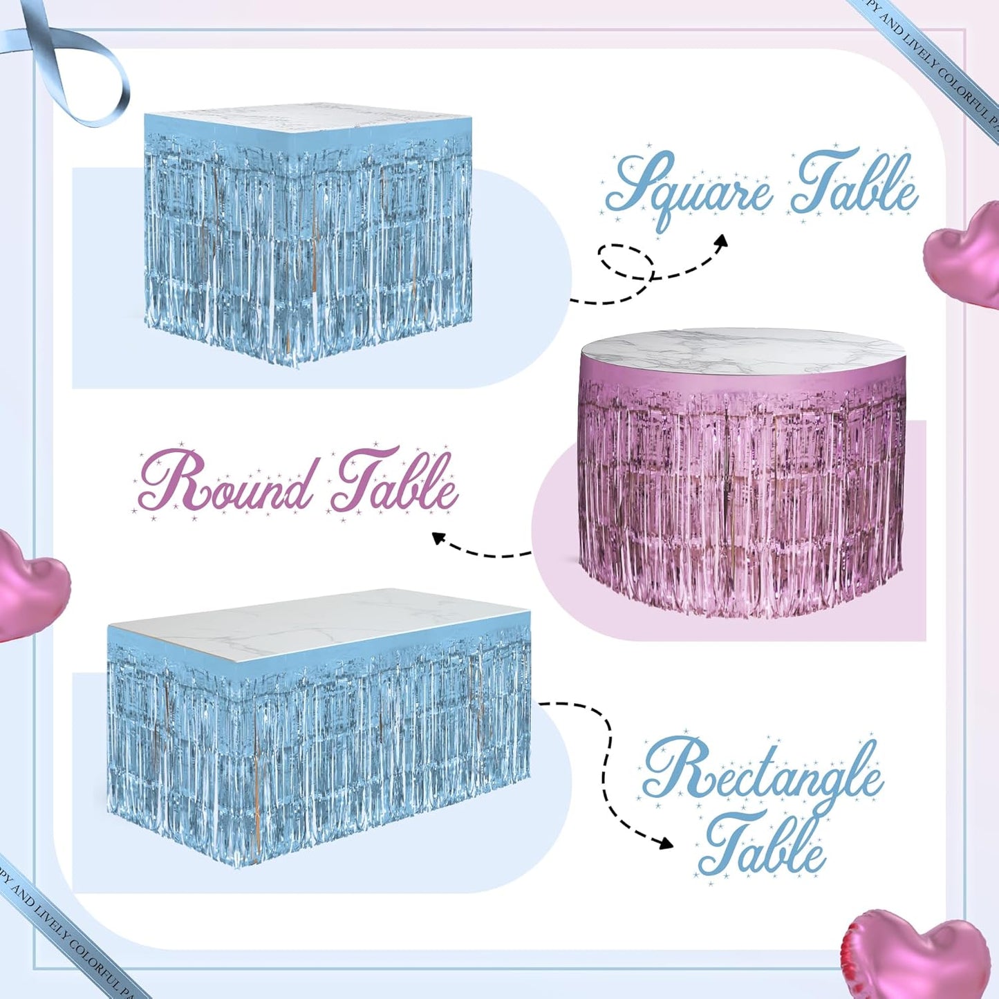 2 Pack Light Pink Light Blue Table Skirts, 29x108" Metallic Foil Tinsel Fringe Table Skirt for Rectangle Tables Streamer Curtains Backdrop, Party Decorations for Birthdays, Weddings, Holidays