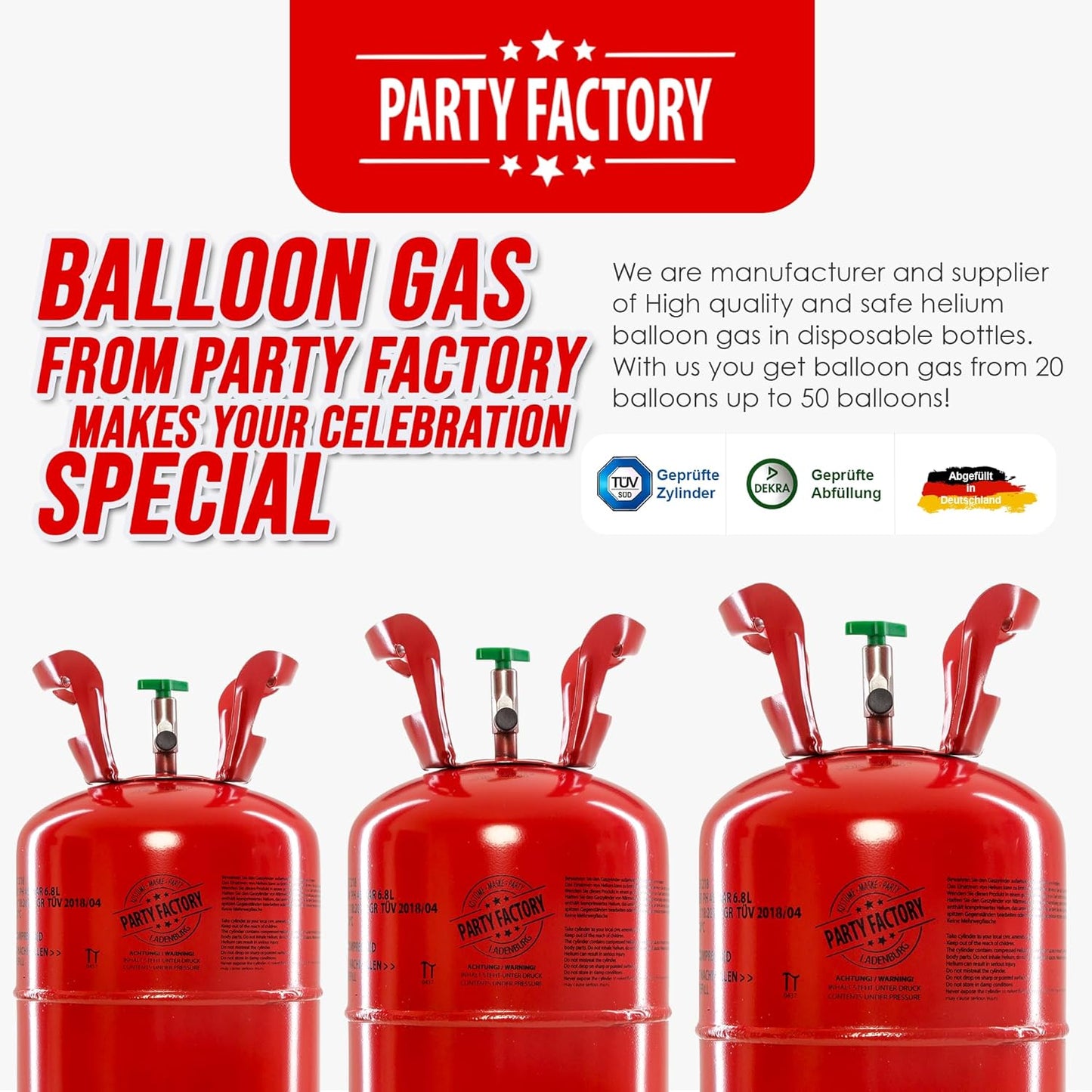 Party Factory set of 3 helium tanks for 20 balloons each, 3 helium cylinders with 5 cu. ft. gas each for party latex-, foil balloons