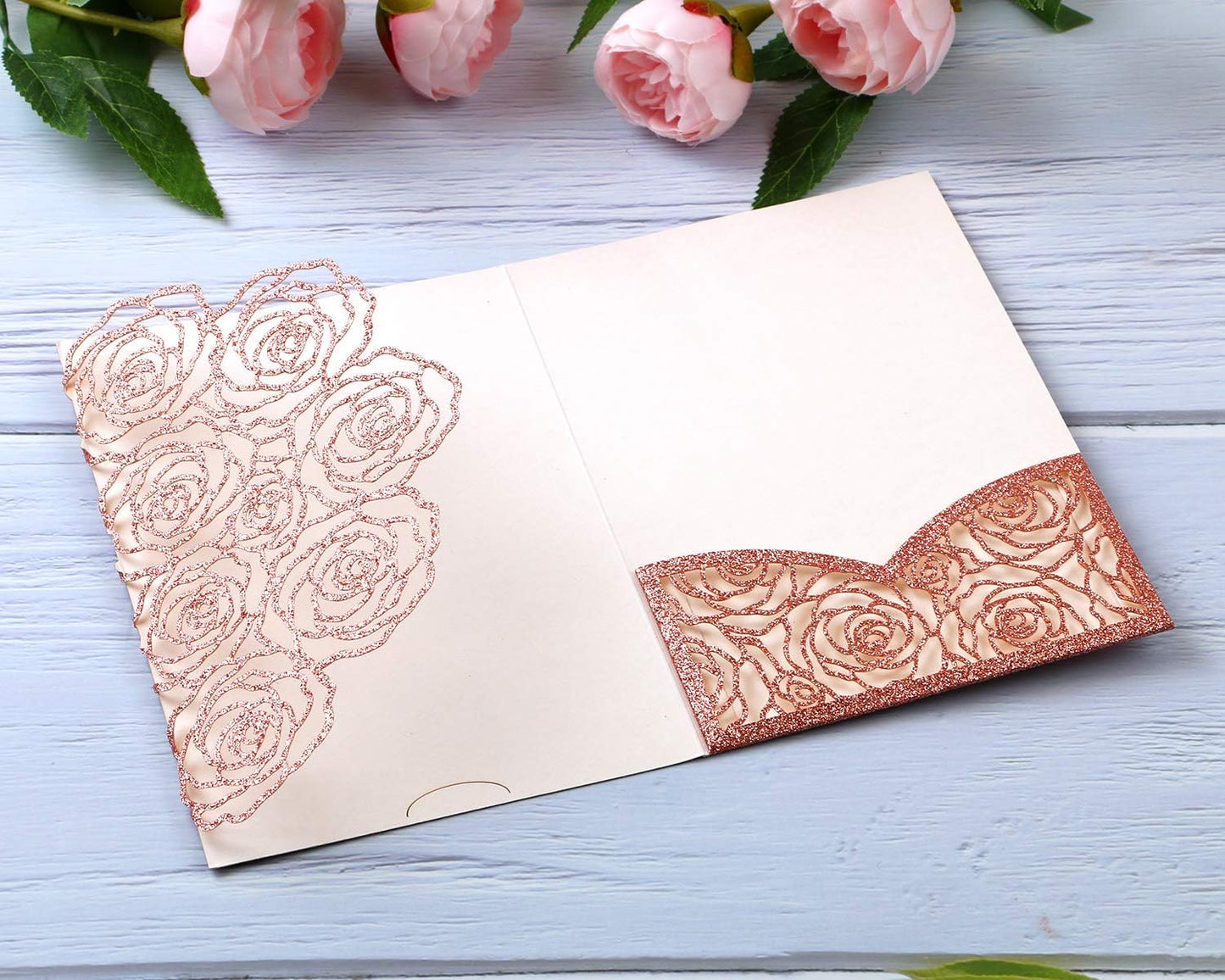 20 Pcs Laser Cut Wedding Invitations Card Pocket with Envelope for Birthday Party Baby or Bride Shower Invite suitable for 5 * 7 Inches Insert Paper (Rose Gold Glitter)
