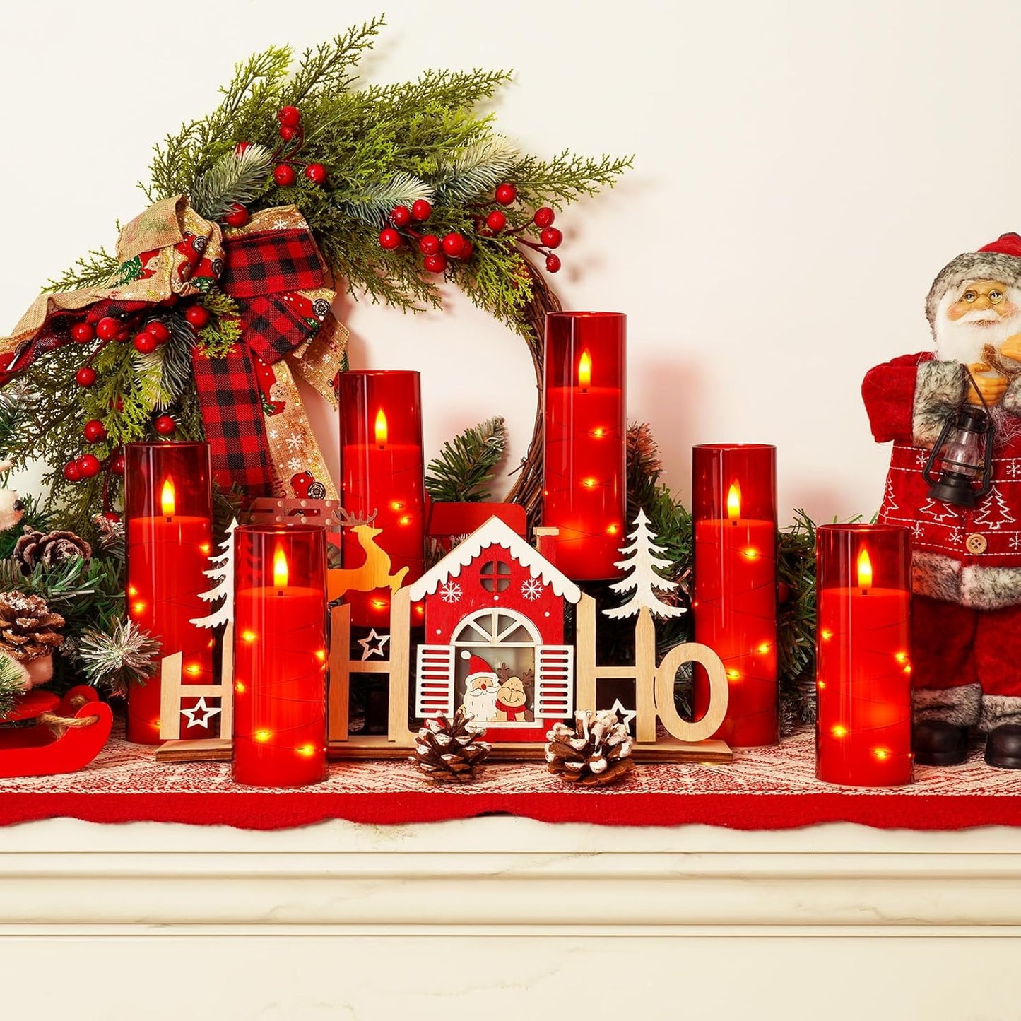 Homemory Red Flameless Candles with Embedded Star String Fairy Lights, Battery Operated Candles with Remote Control and Timer, Flickering LED Candle for Christmas Decor, Set of 9, D2.2 x H5 6" 7"