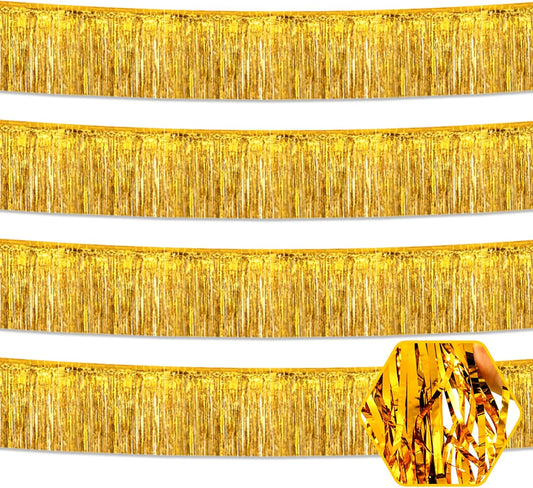 4 Pack 10 Feet Gold Foil Fringe Garland Metallic Tinsel Streamers Banner Wall Hanging Curtain Backdrop for Parade Floats, Wedding, Graduate, Mother's Day, Birthday Party Decoration
