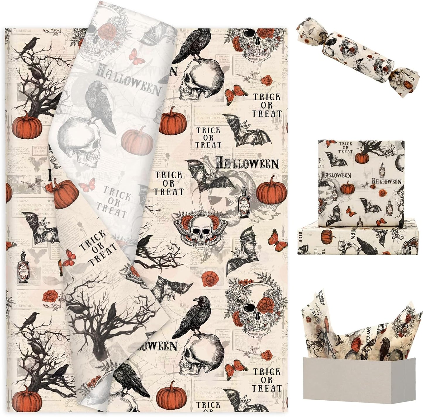 JarThenaAMCS 60 Pcs Halloween Tissue Paper Retro Gothic Skull Crow Pumpkin Wrapping Paper Decorative Art Tissue for Home Party Trick or Treat DIY Crafts, 14 x 20 Inch