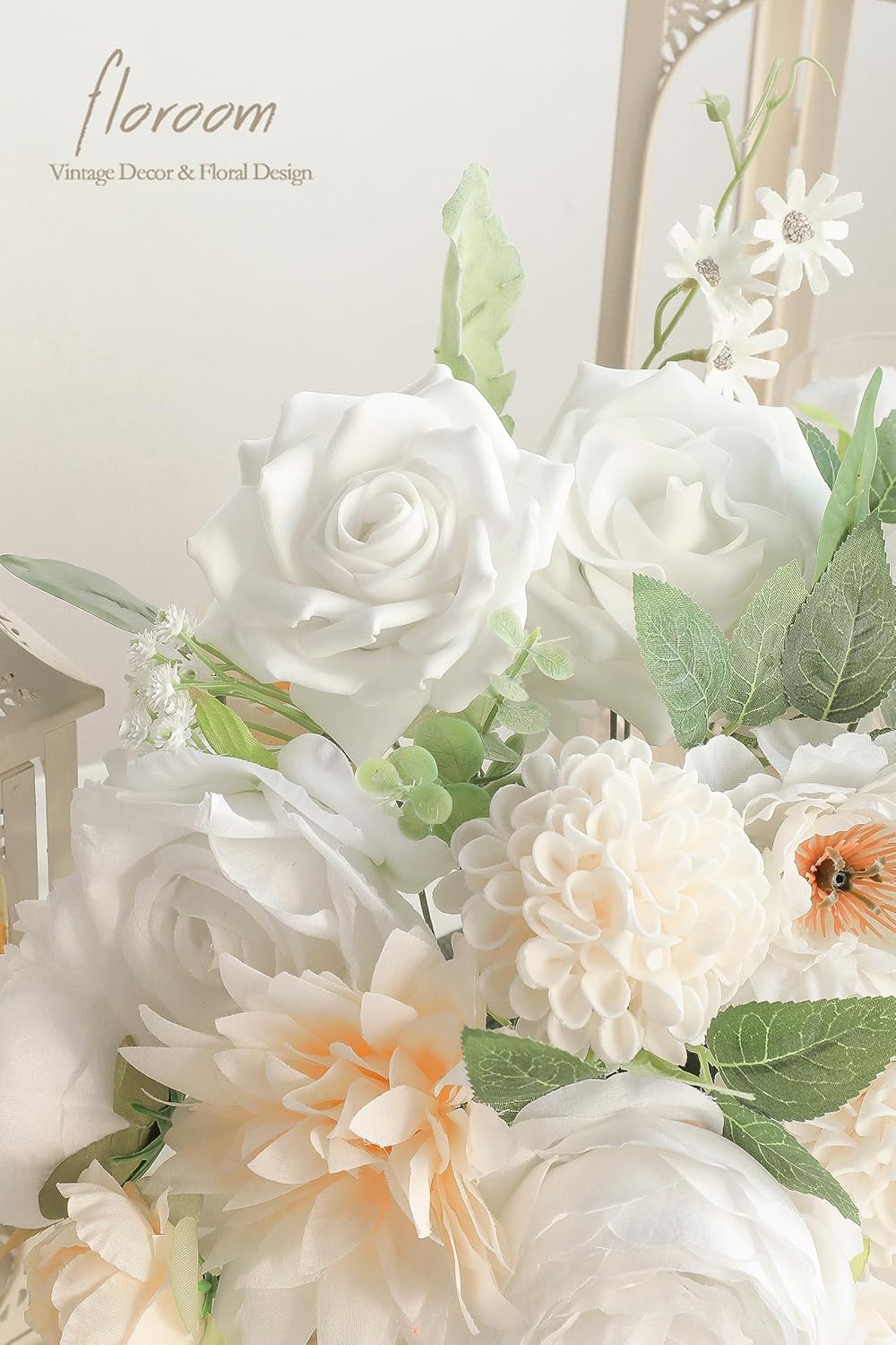 Floroom Cream White Artificial Flowers Fake Roses Dahlias Peonies Poppies and Greenery Combo Box Set for DIY Wedding Bouquets Bridal Shower Centerpieces Floral Arrangements Party Tables Decorations