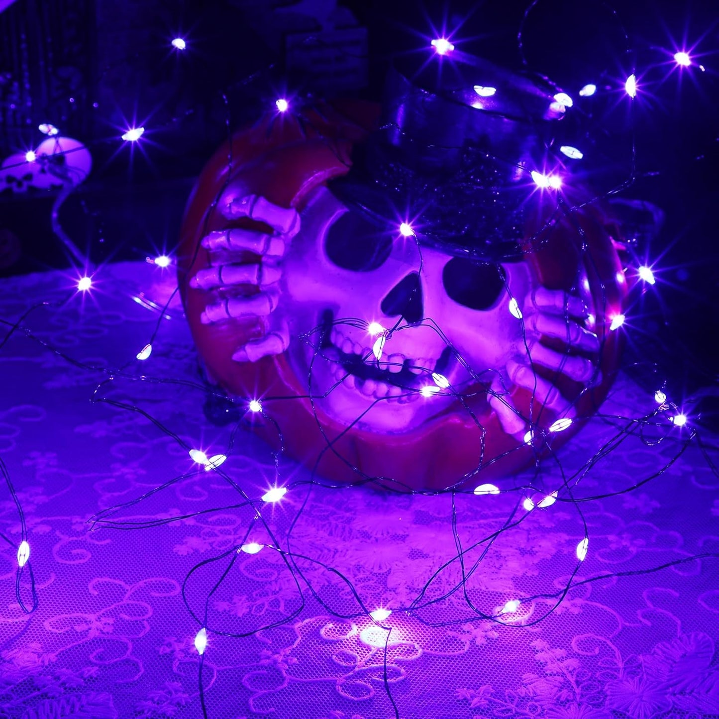 WATERGLIDE 12 Pack Halloween Fairy Lights Battery Operated (Included), 7 ft 20 LED Mini Firefly Starry String Lights, Waterproof Black Wire Light for DIY Mason Jar Table Halloween Decor, Purple