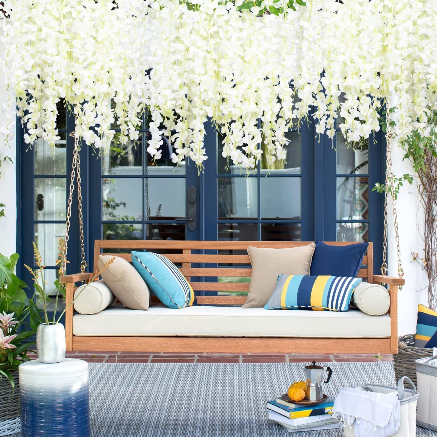 24 Pack Artificial Fake Wisteria Vine Ratta (3.75 Feet) Hanging Garland Silk Flowers String Home Party Wedding Decor (White)