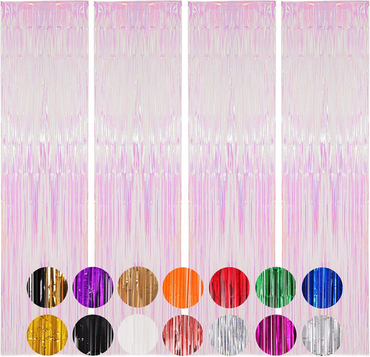 4 Pack Iridescent Transparent Foil Fringe Backdrop Curtains, Tinsel Streamers Birthday Party Decorations, Fringe Backdrop for Graduation, Baby Shower, Gender Reveal, Disco Party