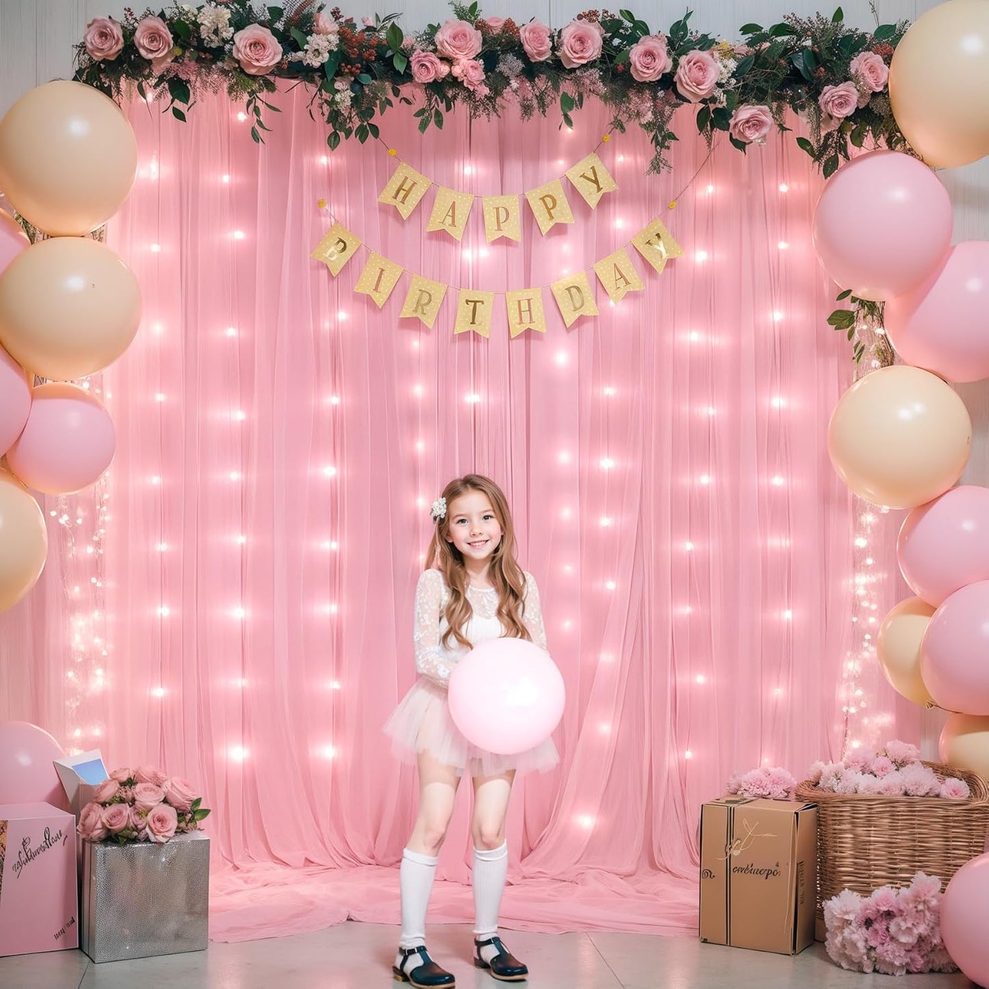 Sheer Backdrop Curtains with Lights String for Weddings Baby Showers, 20x10ft Sheer Tulle Photo Backdrop Curtains for Birthday Party Photography Background Decoration, Pink