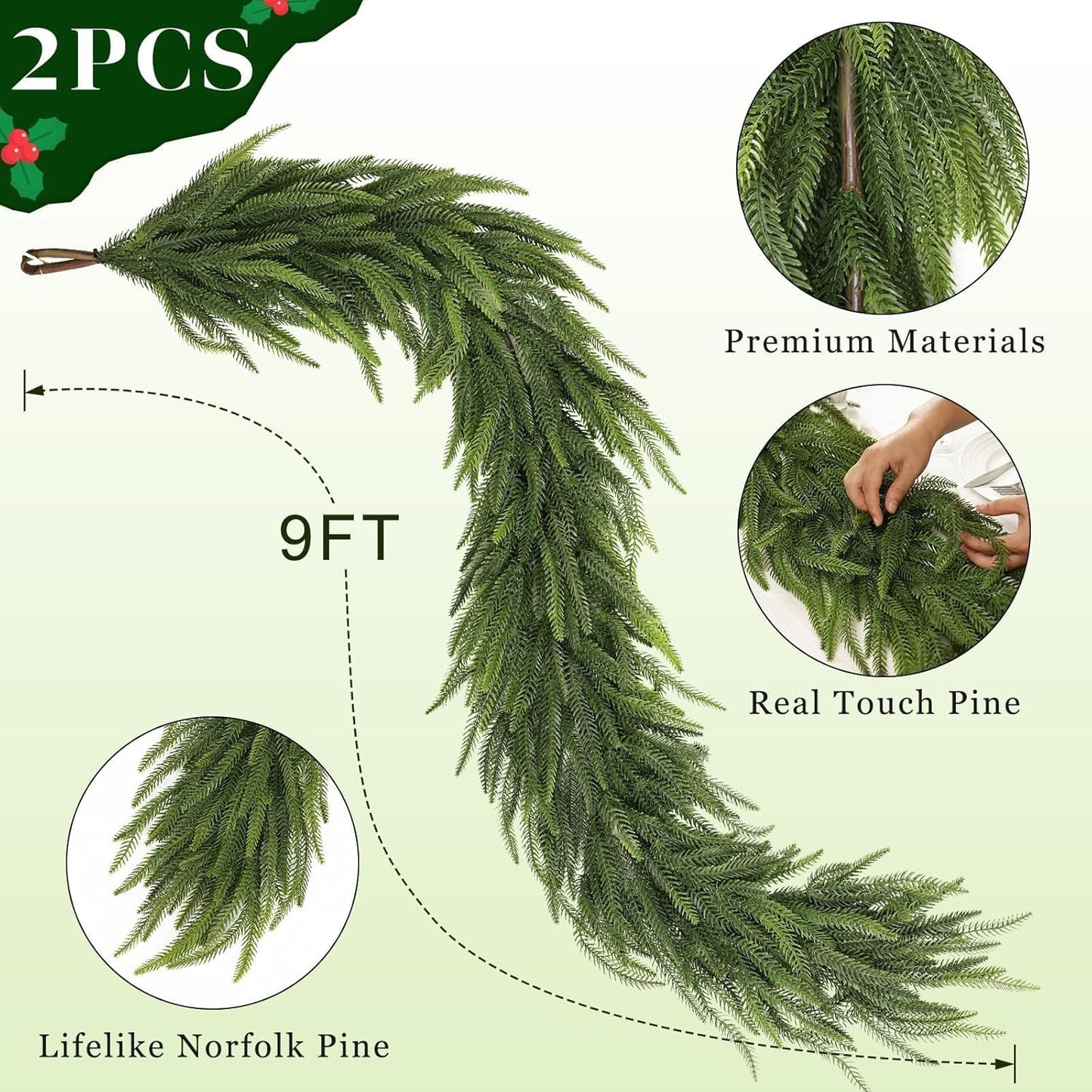 9FT Christmas Norfolk Pine Garland -2PCS, Artificial Pine Needles Garlands Faux Greenery Fake Garland for Holiday Fireplace,Table,Window,Stairs,Mante,Indoor Outdoor Decor