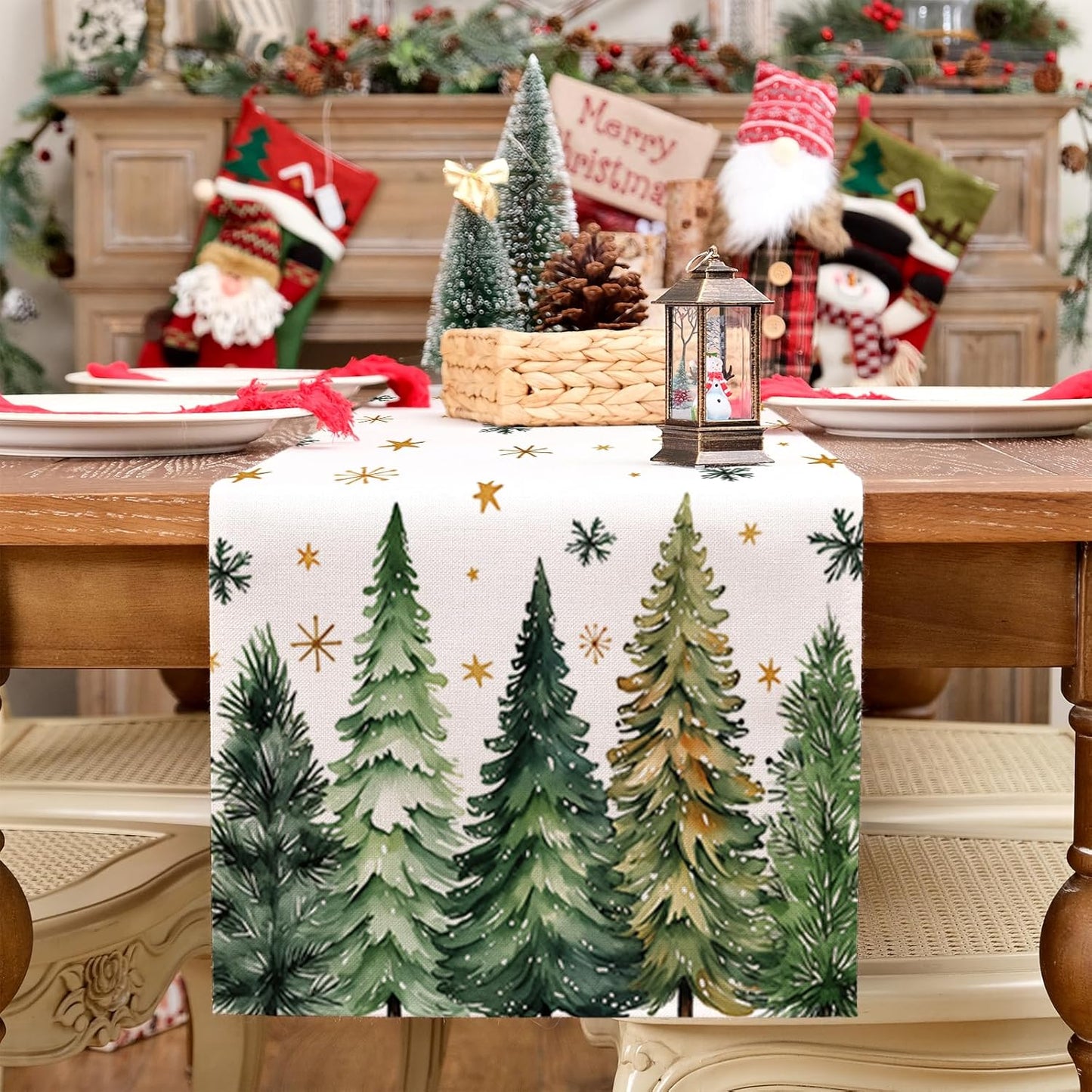 GEEORY Christmas Table Runner 13x120 Inch, Xmas Tees Snowflakes Holiday Decorative Farmhouse Table Decoration for Kitchen Dinning, Indoor Outdoor Dinner Party Decor (Light Green) GT166-120