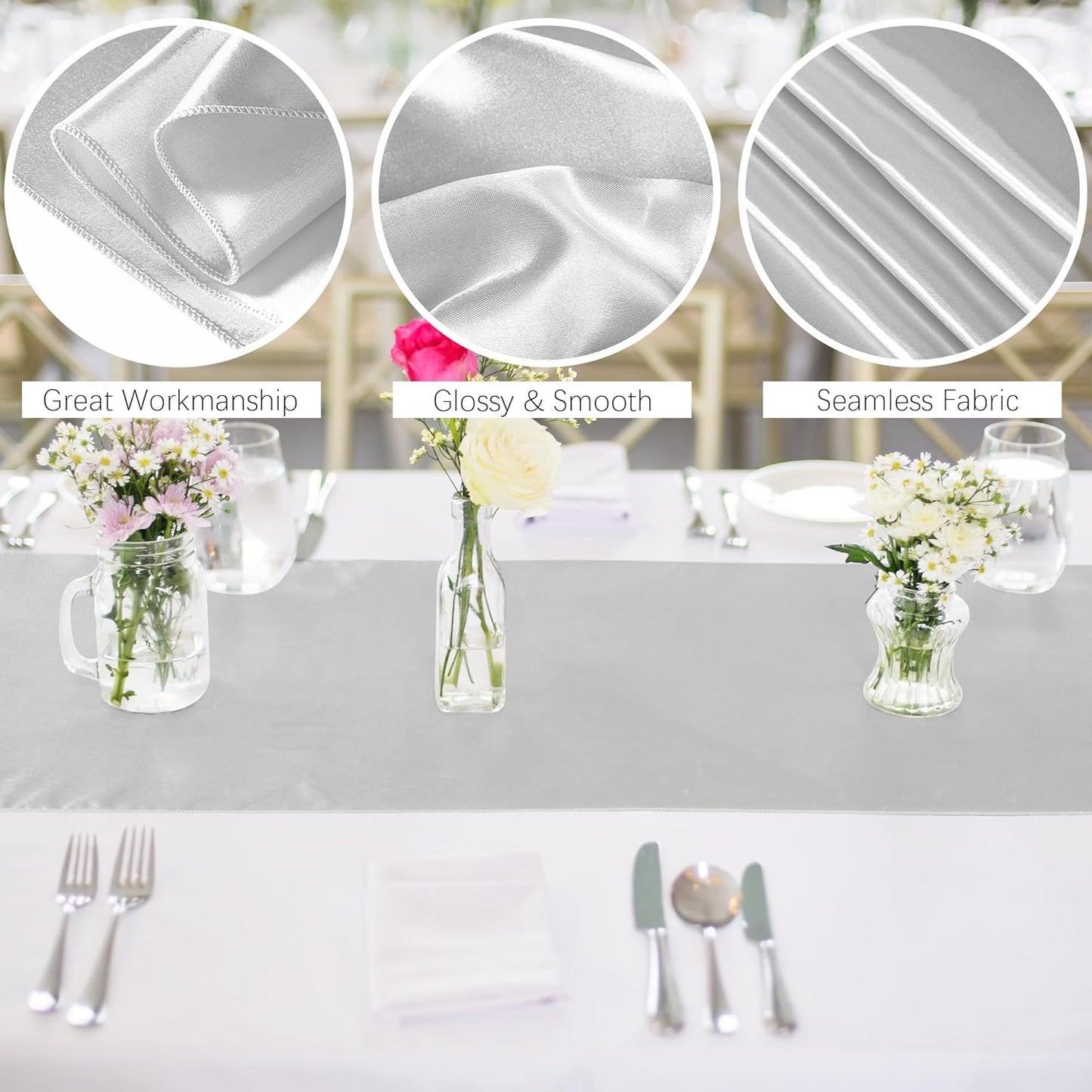 Aneco 12 Pack Satin Table Runner 12 x 108 Inch Light Silver Long Wedding Satin Silk Table Runner for Wedding Banquet Graduations Birthday Party Decoration