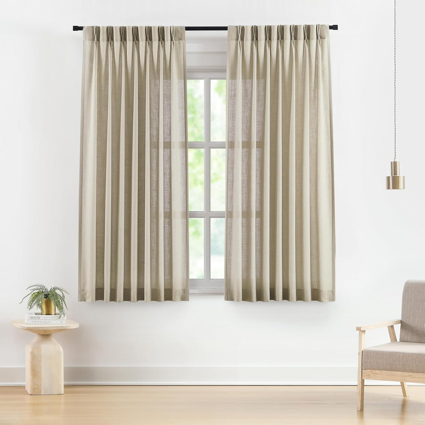 Vision Home Sand Pinch Pleated Semi Sheer Curtains Textured Linen Blended Light Filtering Window Curtains 72 inch for Living Room Bedroom Pinch Pleat Drapes with Hooks 2 Panels 40" Wx72 L,Camel Beige