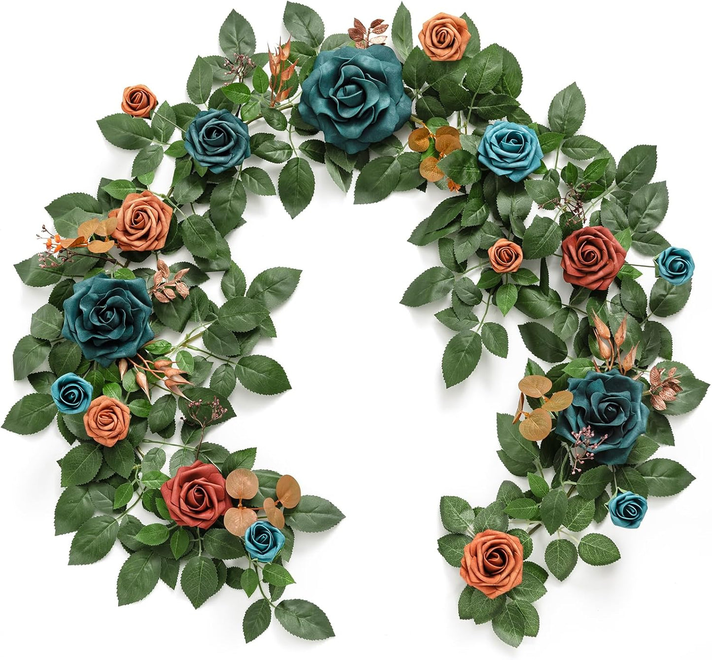 Ling's Moment 5FT Teal Blue Artificial Flower Garland Burnt Orange Rose Eucalyptus Leaves Floral Garland Arch Flowers Vine for Wedding Party Backdrop Decor Home Table Centerpieces Window Decorations