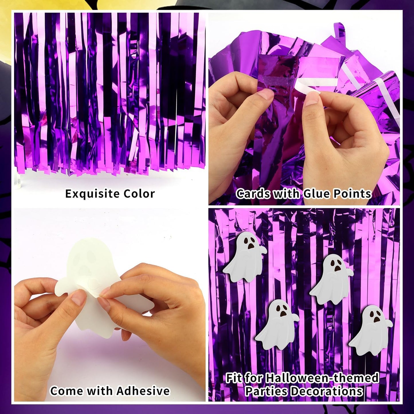 28x106 Inch Purple Sequin Tablecloth for Halloween Decorations, Metallic Tinsel Foil Fringe Table Skirt, Rectangle or Round Tables Decor, Table Cover, Ghost Decorations for Halloween Party