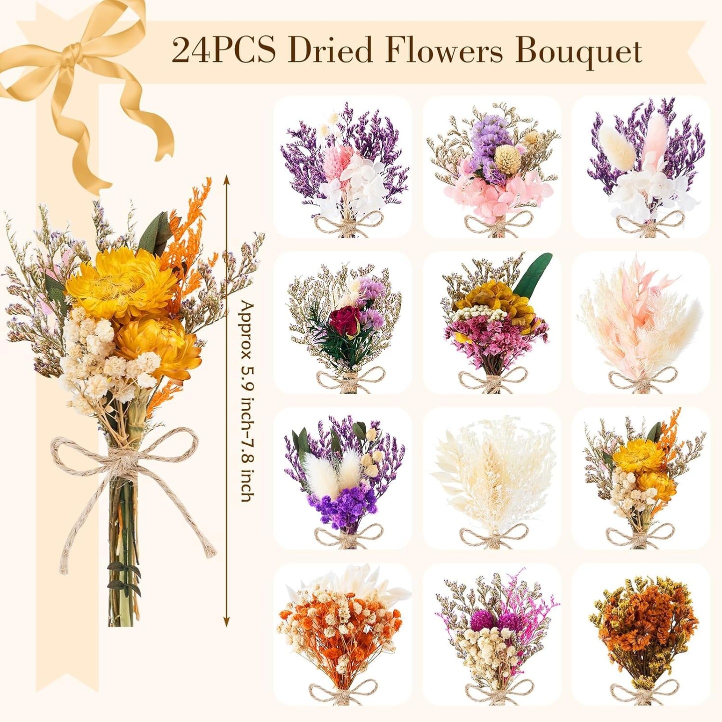 12/24 PCS Charming Dried Flowers Bouquet for Vase Various Dried Wildflowers with Stems Mini Handmade Wildflowers Natural Real Flowers Bulk Flowers Craft (Blossoms, 24 PCS)
