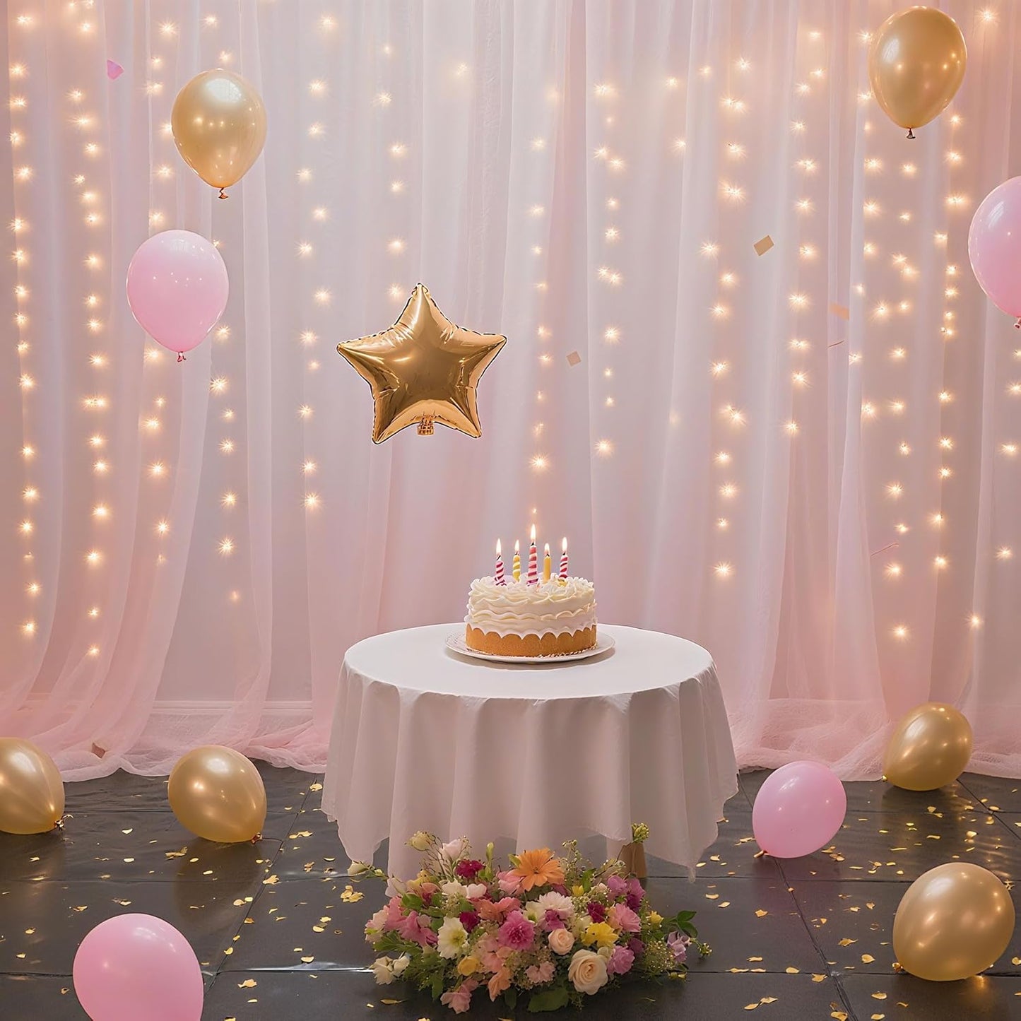 10×8ft Tulle Backdrop Curtains with Lights String - 300LED Fairy Lights Sheer Curtain Backdrop for Weddings Baby Shower and Birthday Party Decorations(6 Panels 5×8ft)