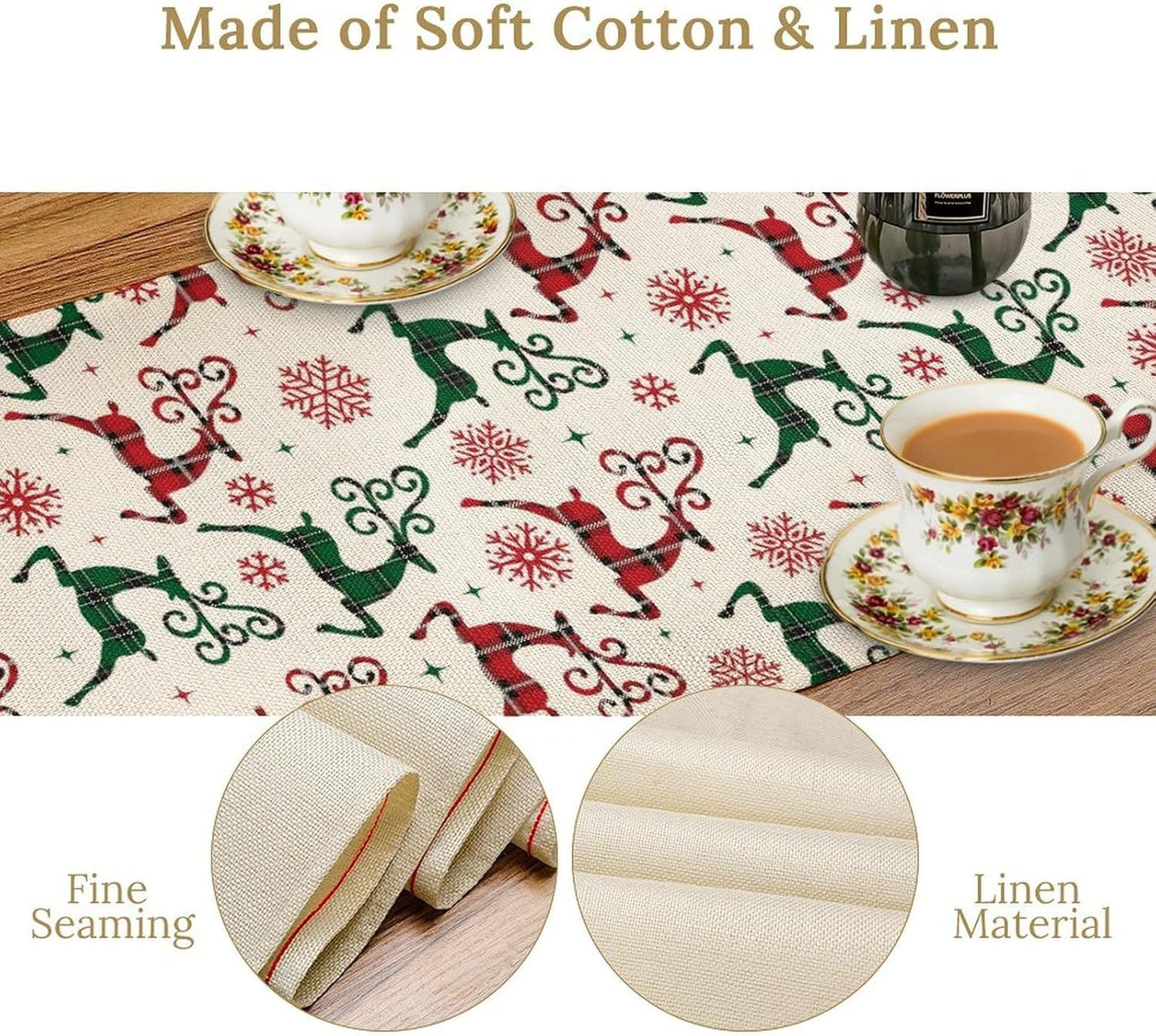 Christmas Table Runner,Christmas Plaid Deer Print Farmhouse Table Cloth Kitchen Dining Table Decoration for Home Party Decor 13x108 Inch