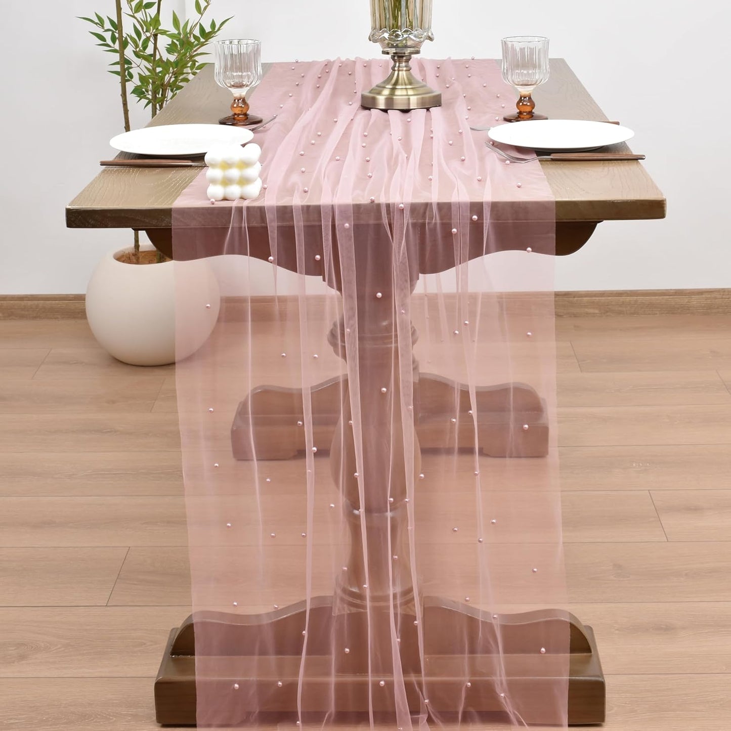 Joanlody Fall Pearl Table Runner 10ft Rustic Boho Tulle Table Runner with Pearls for Baby Shower Wedding Party Veil Dessert Thanksgiving Table Decor Dusty Rose