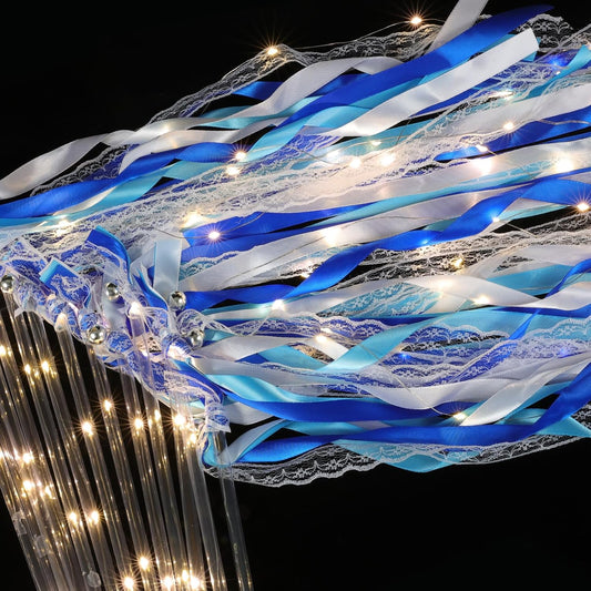 100 Pcs Wedding Wands Ribbon with 3 Colorful Flashing Modes, Light up LED Silk Fairy Wands, Glow Lace Stick with Bells for Wedding Reception, Graduation, New Year, Birthday Party (Blue)