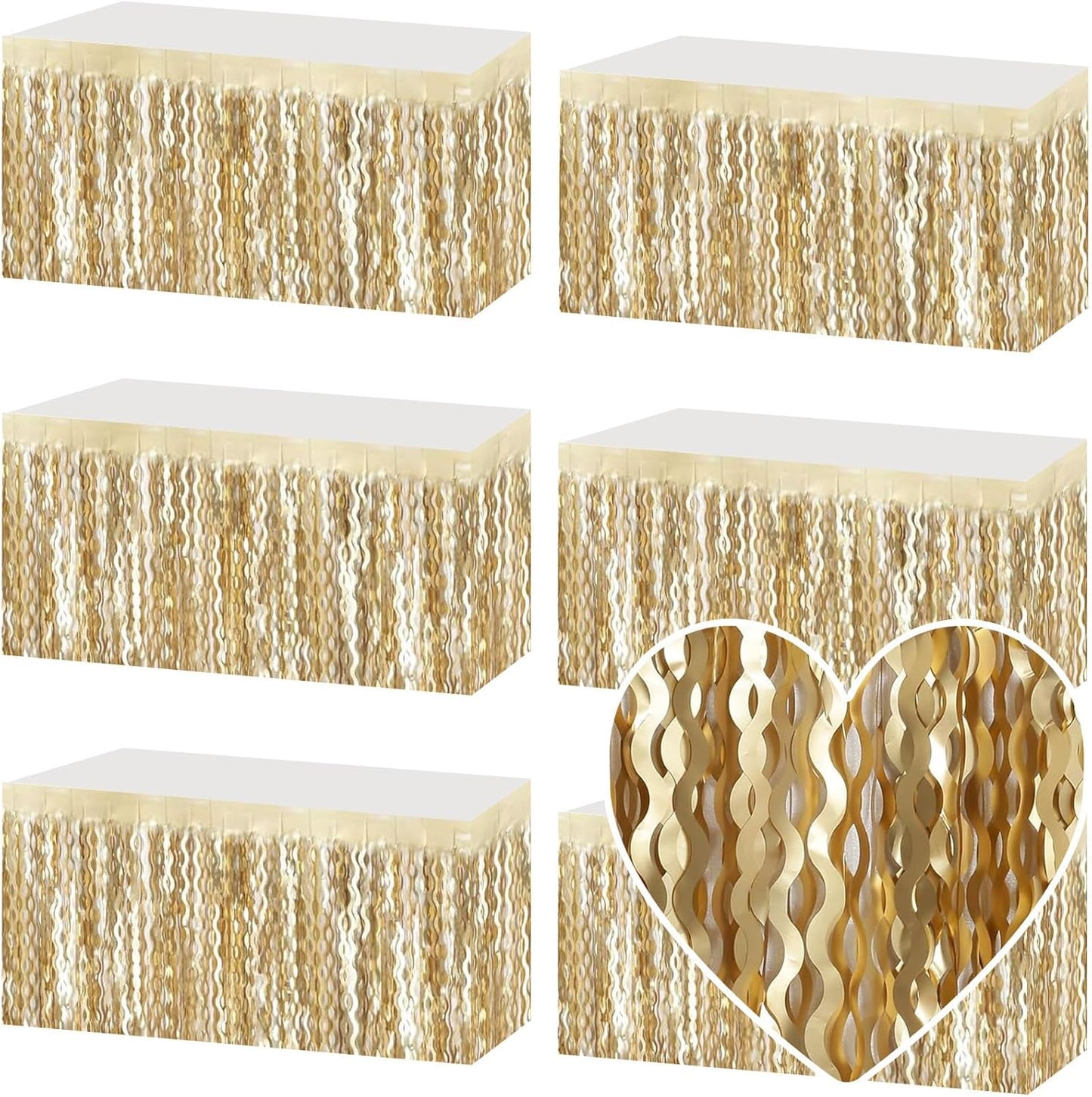 6 Pack 29x108 Inch Champagne Gold Wave Foil Fringe Table Skirts Metallic Banner for Tinsel Streamer Garland Backdrop for Parade Floats Wedding, Mother's Day, Birthday Mardi Gras Party Decorations