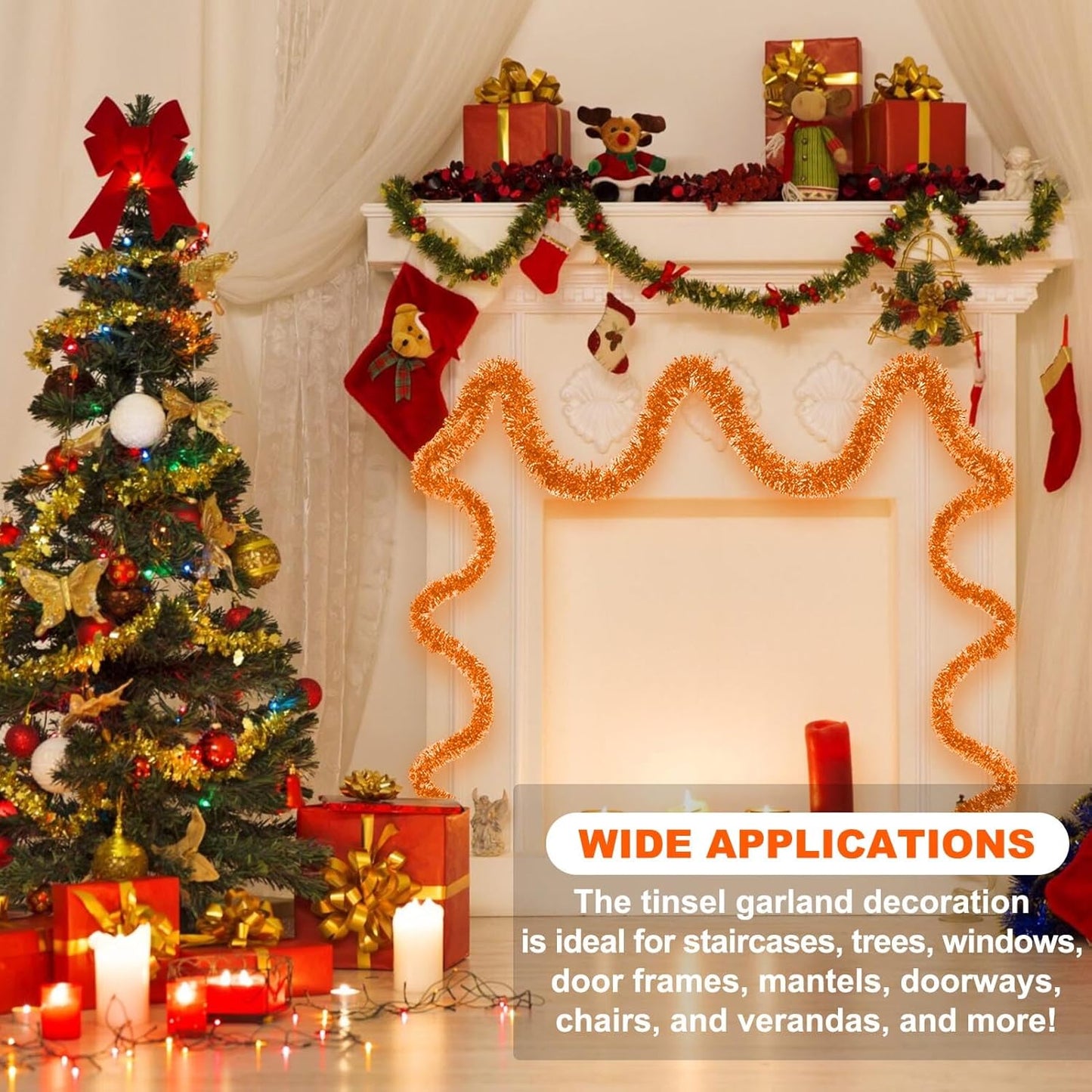 25 Feet Macaron Orange Christmas Tinsel Garland, Metallic Foil Twist Banner Wall Hanging Tinsel Streamers Backdrop for Parade Floats, Christmas, Mother's Day, Birthday Party Decorations(4in x 25ft)