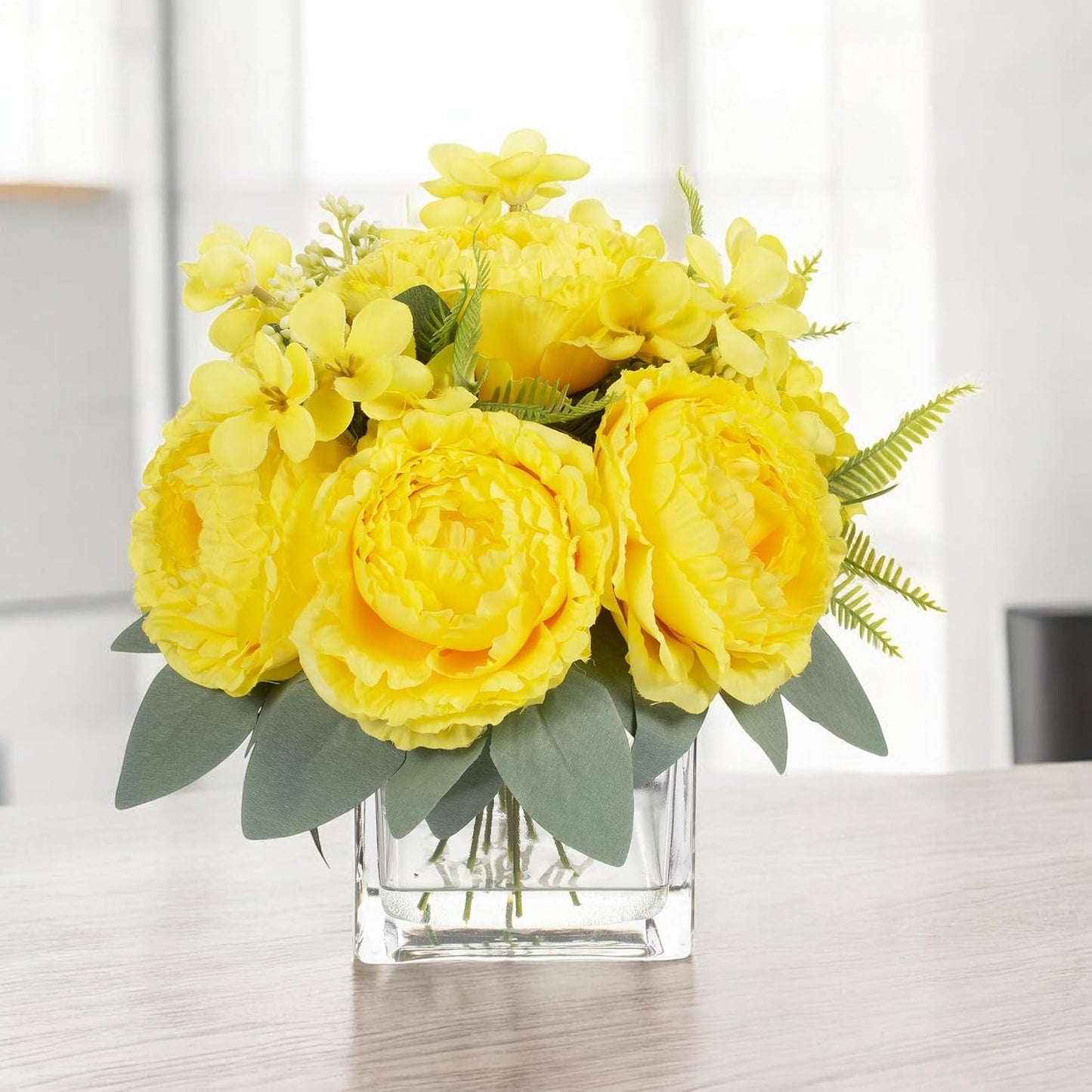 ENOVA FLORAL Artificial Flower Arrangement with Vase,Mixed Artificial Silk Peony Flower in Vase for Decoration Home Office, Wedding Centerpiece (Yellow)