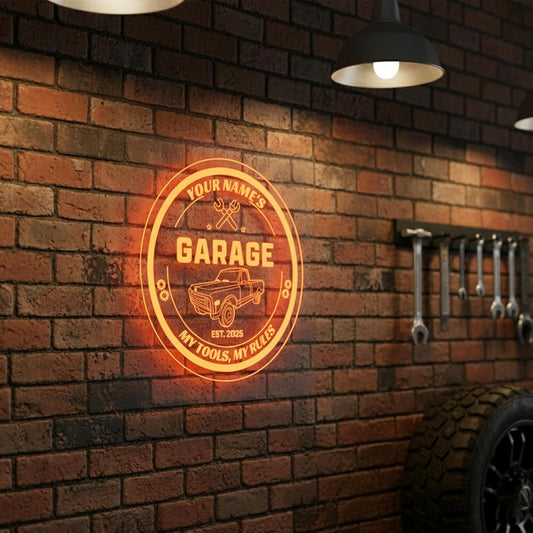 Custom Pickup Truck Garage Sign – Personalized LED Color Changing Acrylic Wall Decor for Garage, Workshop, or Man Cave (Garage 1, 12 INCHES)
