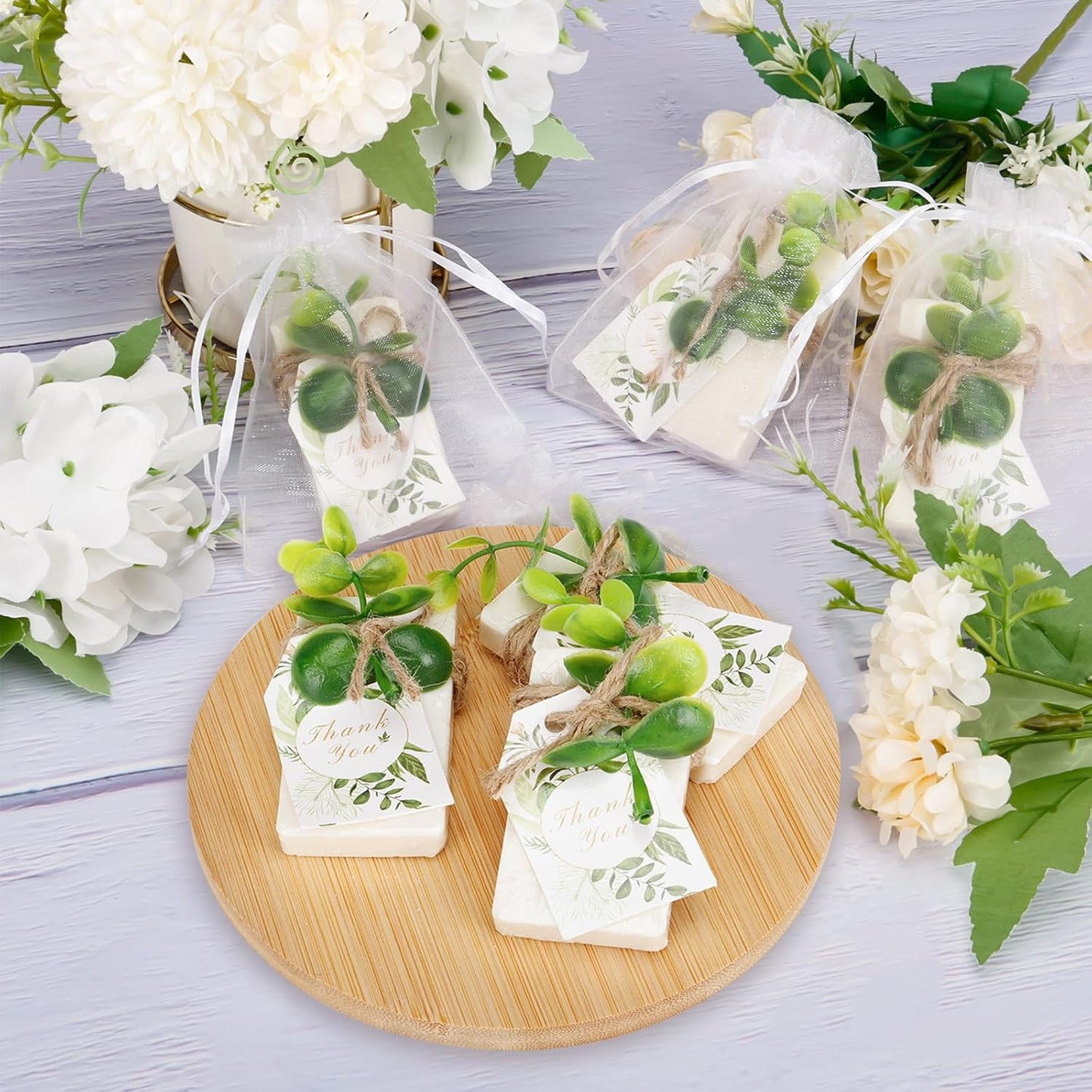 50PCS Handmade Soap Wedding Favor Natural Eucalyptus Handmade Soaps Soap Thank You Gifts Bridal Shower Favors Soaps for Baby Shower Party Spring Garden Decorations with Cards White Sandbags