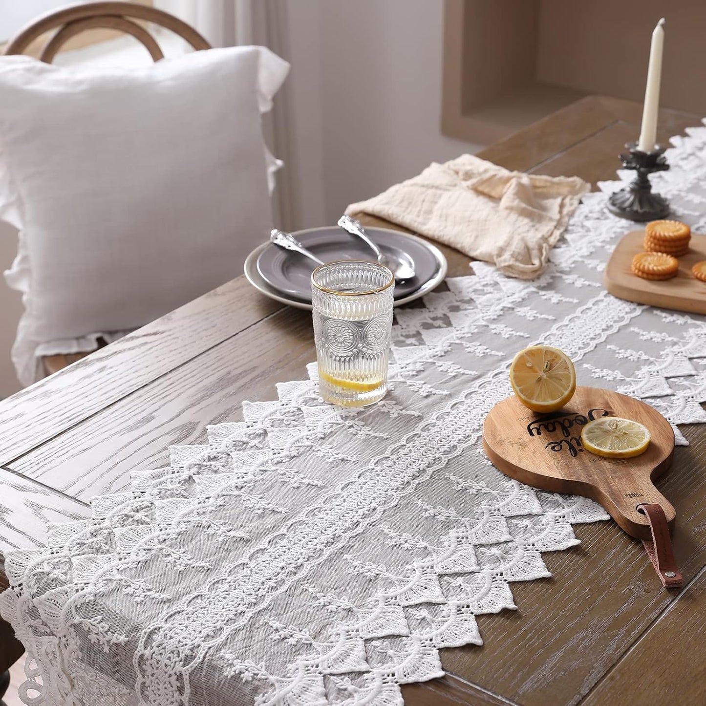 patdrea Designer Vintage White Lace Table Runner,Crochet Decorative Table Covers,Chiffon Embroidered Tasseled Table Runners, Cutwork Dresser Runners,Christmas Wedding Party Bridal 16x102 Inches Long