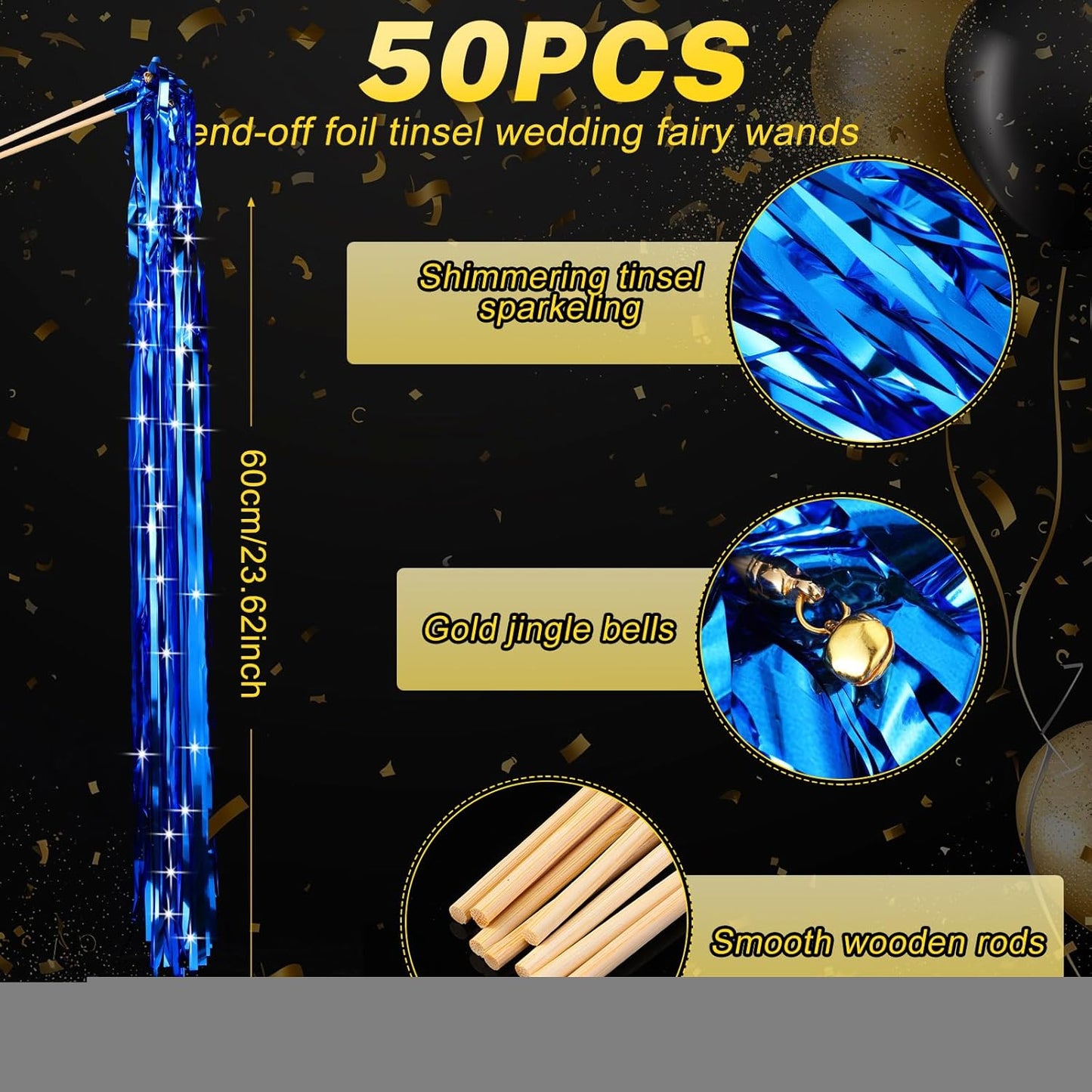 50 Pcs Wedding Fairy Wands with Bells Foil Tinsel Ribbon Stick Wands Tinsel Party Streamers with Bell Glittery Bridal Wedding Send Off Ideas Holiday Celebration (Dark Blue)