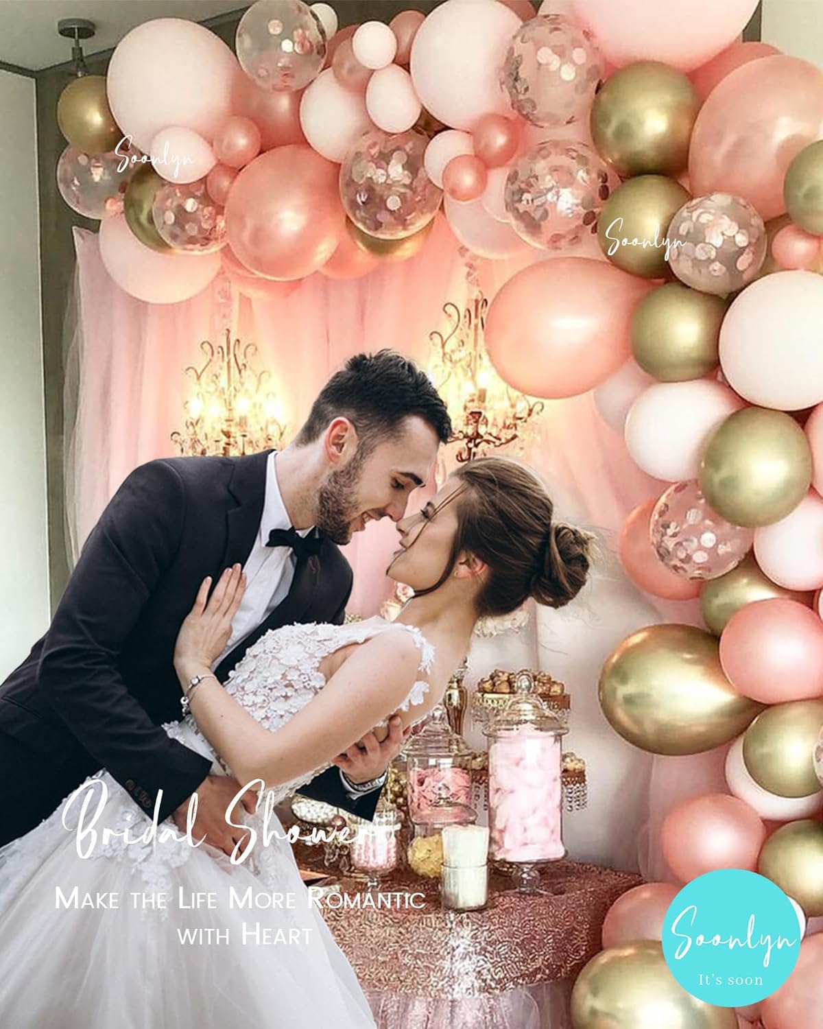 Soonlyn Rose Gold Balloons - 140 Pack, 12 Inch Gold & Pink, Pink Confetti, Arch Kit for Bridal & Baby Showers