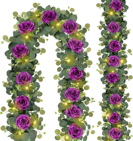 MACTING 2 Pack 13.2FT Eucalyptus Garland with Lights - Spring Gypsophila Flower Garlands with 24 Purple Roses Artificial Floral Greenery Vines for Arch Table Centerpieces Backdrop Party Wedding Decor