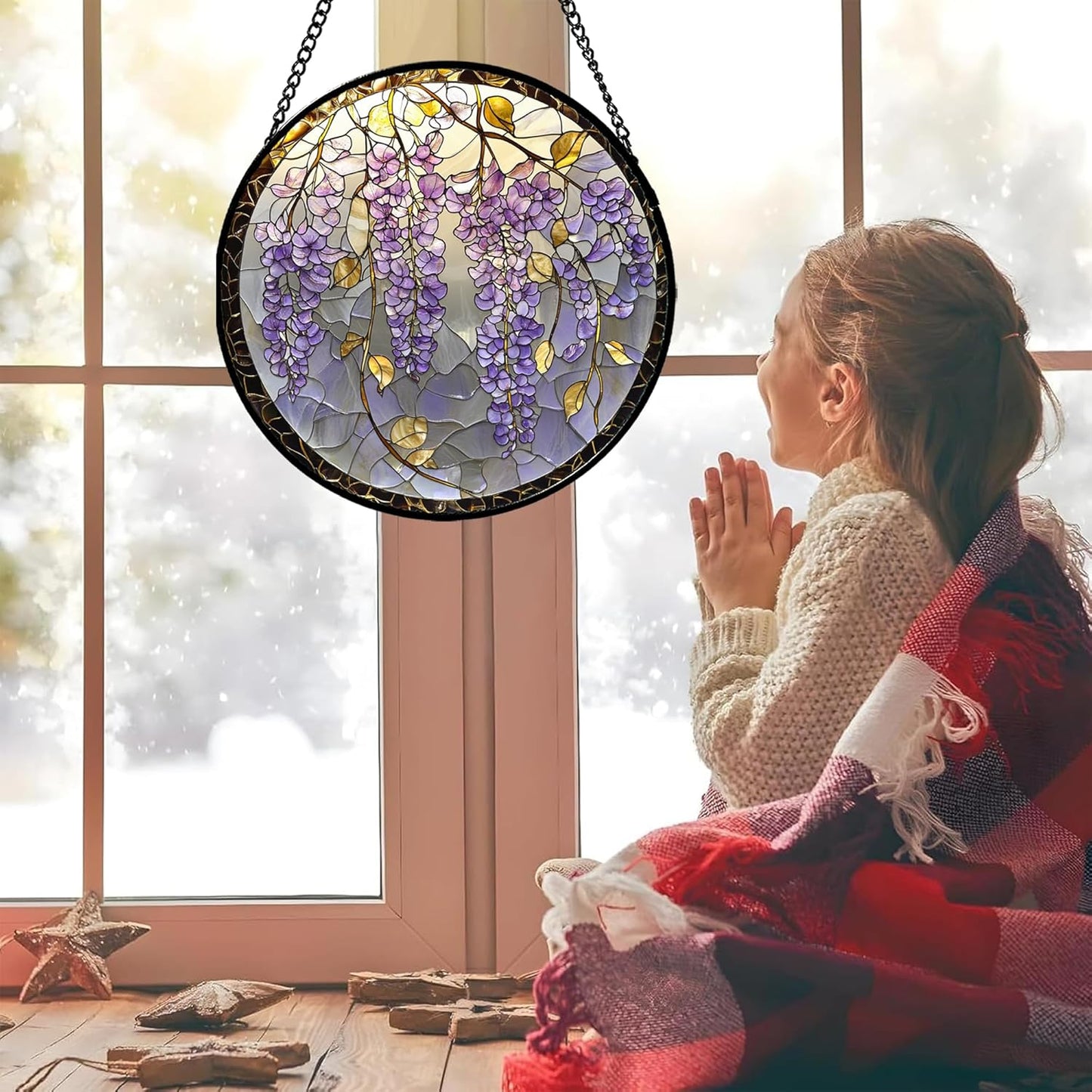 Stained Glass Window Hanging - Wisteria Flower Golden Leaves Sun Catcher for Door Home Decor Plant Suncatcher Christmas Mother's Day Birthday Gifts for Women Men Lovers Mom Nana 11.8 in
