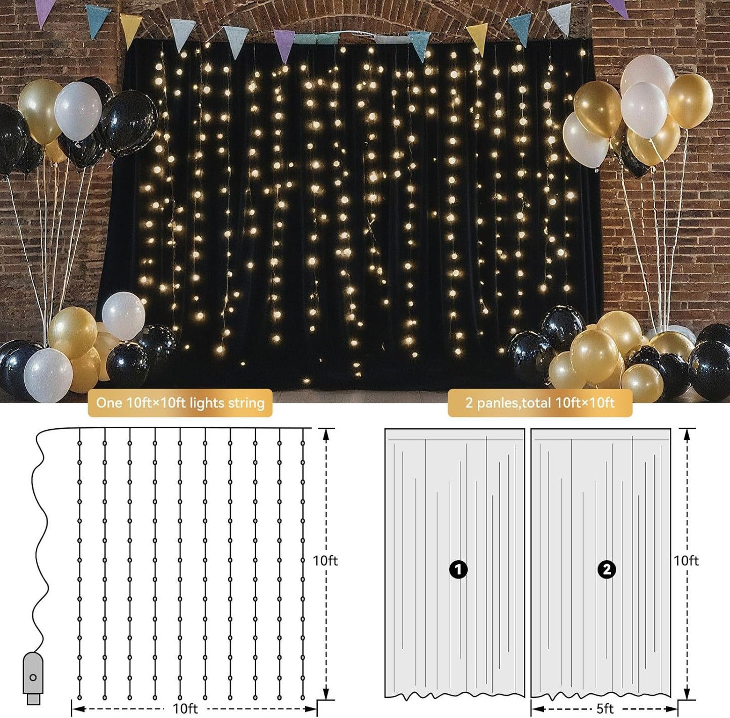 10×10ft Tulle Backdrop Curtains with Lights String - 300LED Fairy Lights Sheer Curtain Backdrop for Weddings Baby Shower and Birthday Party Decorations(8 Panels 5×10ft)