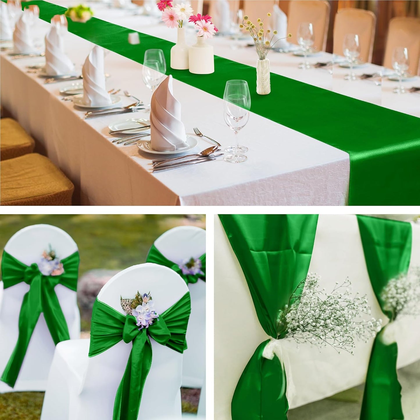 Aneco Satin 12 Pack Table Runner 12 x 108 Inch Emerald Long Wedding Satin Silk Table Runner for Wedding Banquet Graduations Birthday Party Decoration