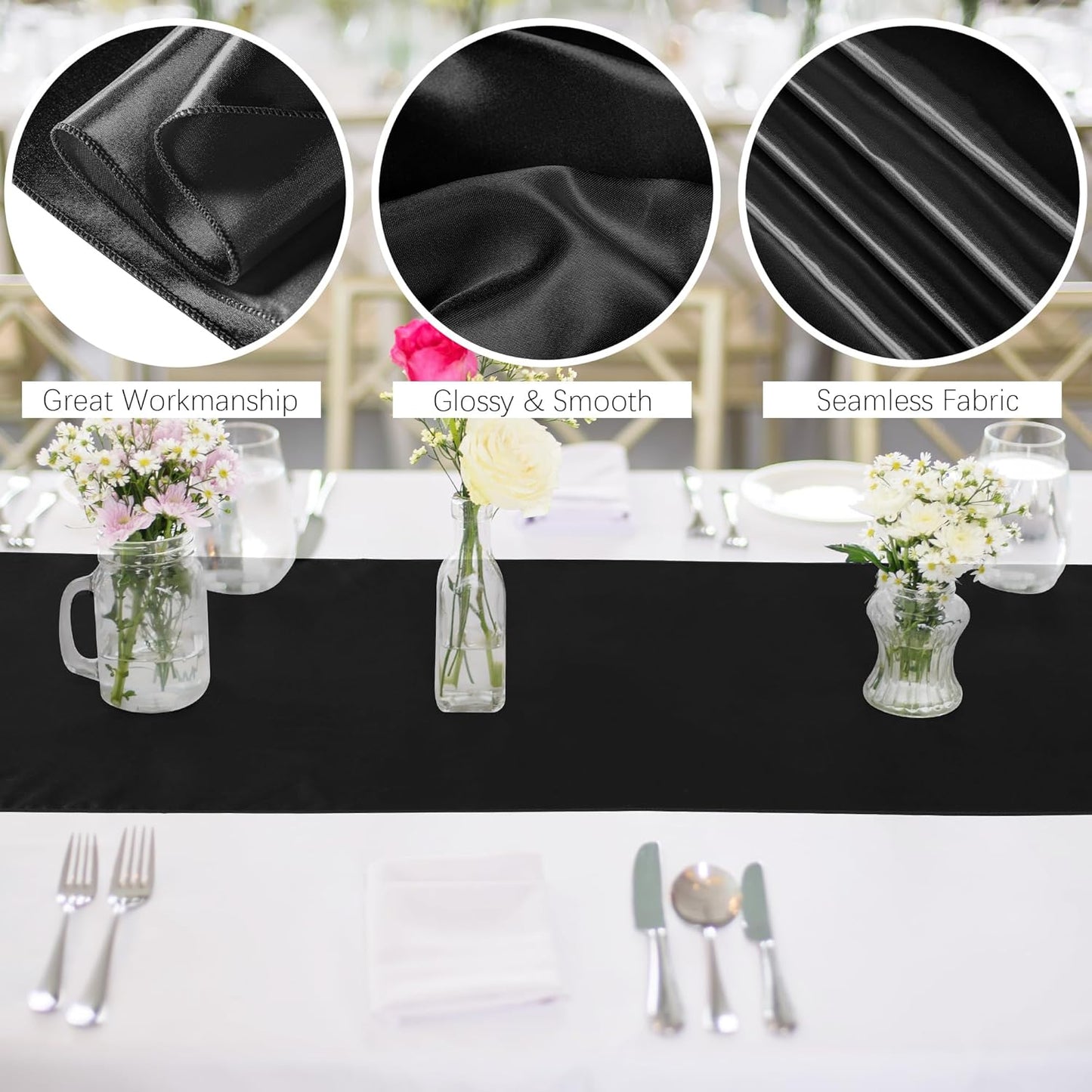 Aneco 12 Pack Satin Table Runner 12 x 108 Inch Black Long Wedding Satin Silk Table Runner for Wedding Banquet Graduations Birthday Party Decoration